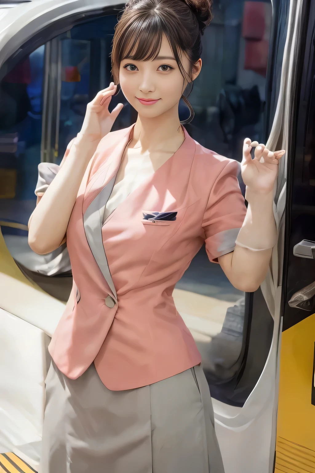 (masterpiece:1.2, highest quality:1.2), 32K HDR, High resolution, (alone、1 girl)、（On the rooftop of a building in the daytime、Professional Lighting）、Building rooftop background、（Nankai train crew uniform pinkを着たリアルスタイル）、（Nankai train crew uniform pink short sleeve pink jacket、Nankai Train Crew Uniform Pink Collarless Short Sleeve Blouse、Nankai Train crew uniform pinkのグレー色のキュロットスカート）、Dark brown hair、（Hair tied up、Hair Bun、Hair Bun）、Dark brown hair、Long Shot、Big Breasts、Thin legs、（（Great hands：2.0）），（（Harmonious body proportions：1.5）），（（Normal limbs：2.0）），（（Normal finger：2.0）），（（Delicate eyes：2.0）），（（Normal eyes：2.0））)、smile、（Nankai Train crew uniform pinkのグレー色のキュロットスカートを見せた美しい立ち姿）、Put your hands down、I have nothing in my hands