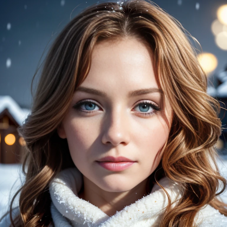 (Close up portrait:1.3), (from above:1.1). an ultra hot gorgeous European woman, age 23, she’s a playmate, men magazine model. (She has round little cheeks:1.3) Flirts with camera, subtle smile. (Ginger wavy hair. Green eyes:1.2) (she’s standing in a snowy village at night:1.4). Loose wool sweater.Perfect anatomy, perfect hair, perfect breast, perfect body, perfect hands, perfect face, UHD, retina, masterpiece, accurate, anatomically correct, textured skin. Winter starry night, northern lights