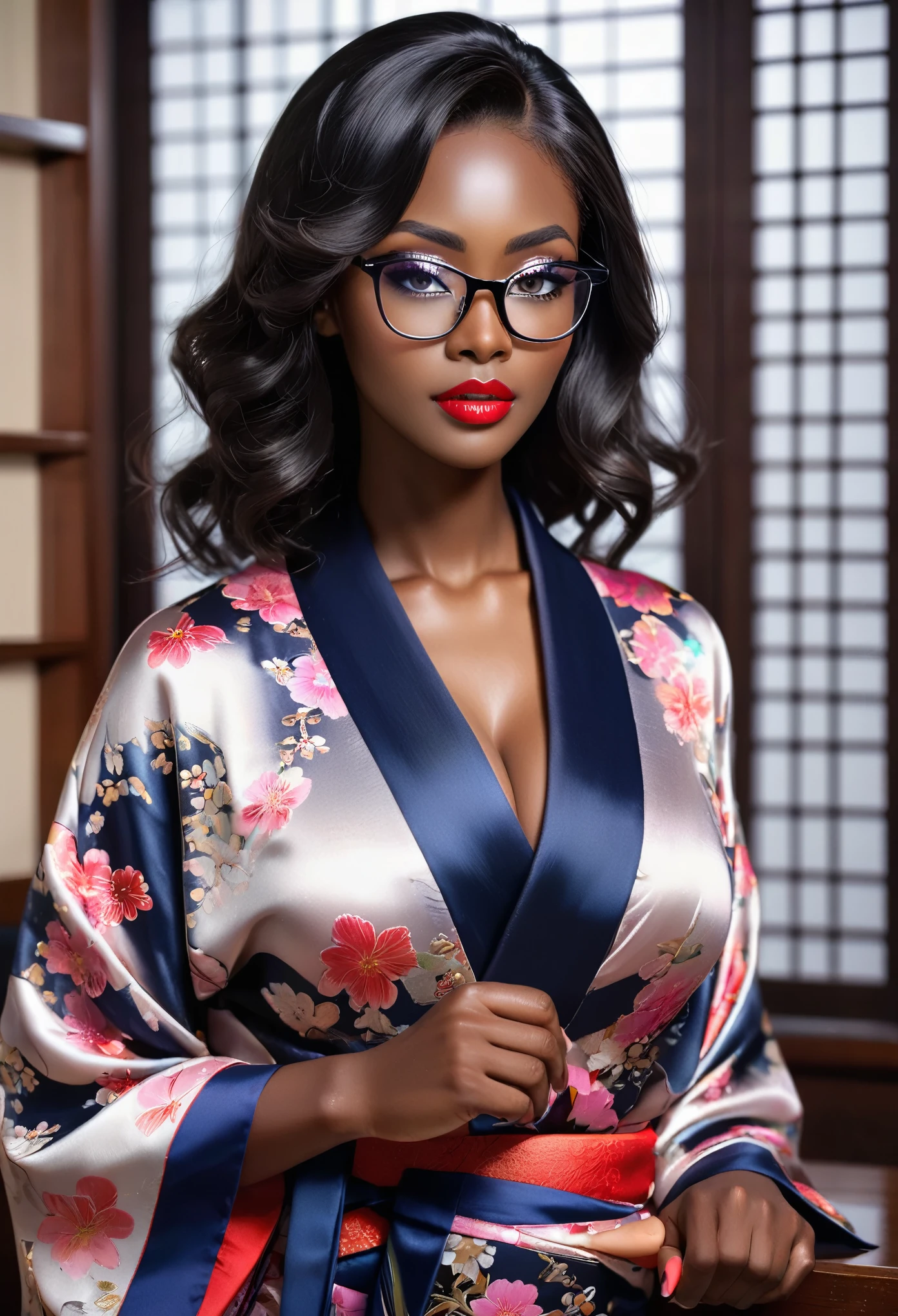 (masterpiece, best quality:1.2),Wavy hair female secretary，Solitary,Wear glasses，Exquisite eyes,Delicate black hair，Charming eye shadow( Black person:1.2)( dark skin:1.2)，african man,( Smooth skin:1.2)( Wear a kimono:1.2)， Slender body proportions，Wet sexy plump lips，Perfect fingers，Large Breasts