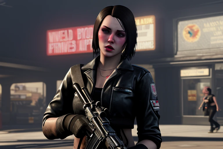High resolution,high quality,Perfect body,Perfect Face,Perfect Fingers,1girl,solo,The World of Grand Theft Auto V,Walking through town with a machine gun in hand