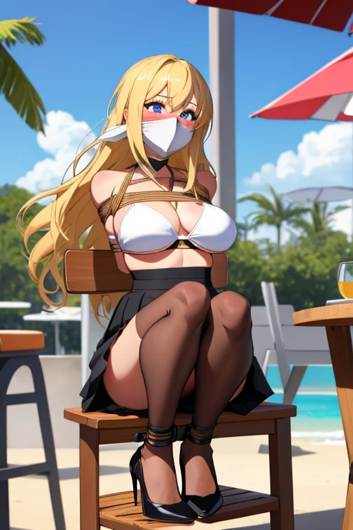 1 girl, detailed blue eyes, lange wimpern, detailed beautiful face, (very Long blonde hair:1.4), festgebunden, (arms behind back:1.6), gefesselte Arme, (blushing:1.3), (Big boobs:1.1), OTN, White OTN gag, Gag, gagged, bound knees and ankles, shibari over clothes, (black skirt, White Bikini top, black high heels:1.4), sitting in a beach Club on a high chair, tied gag, near the viewer
