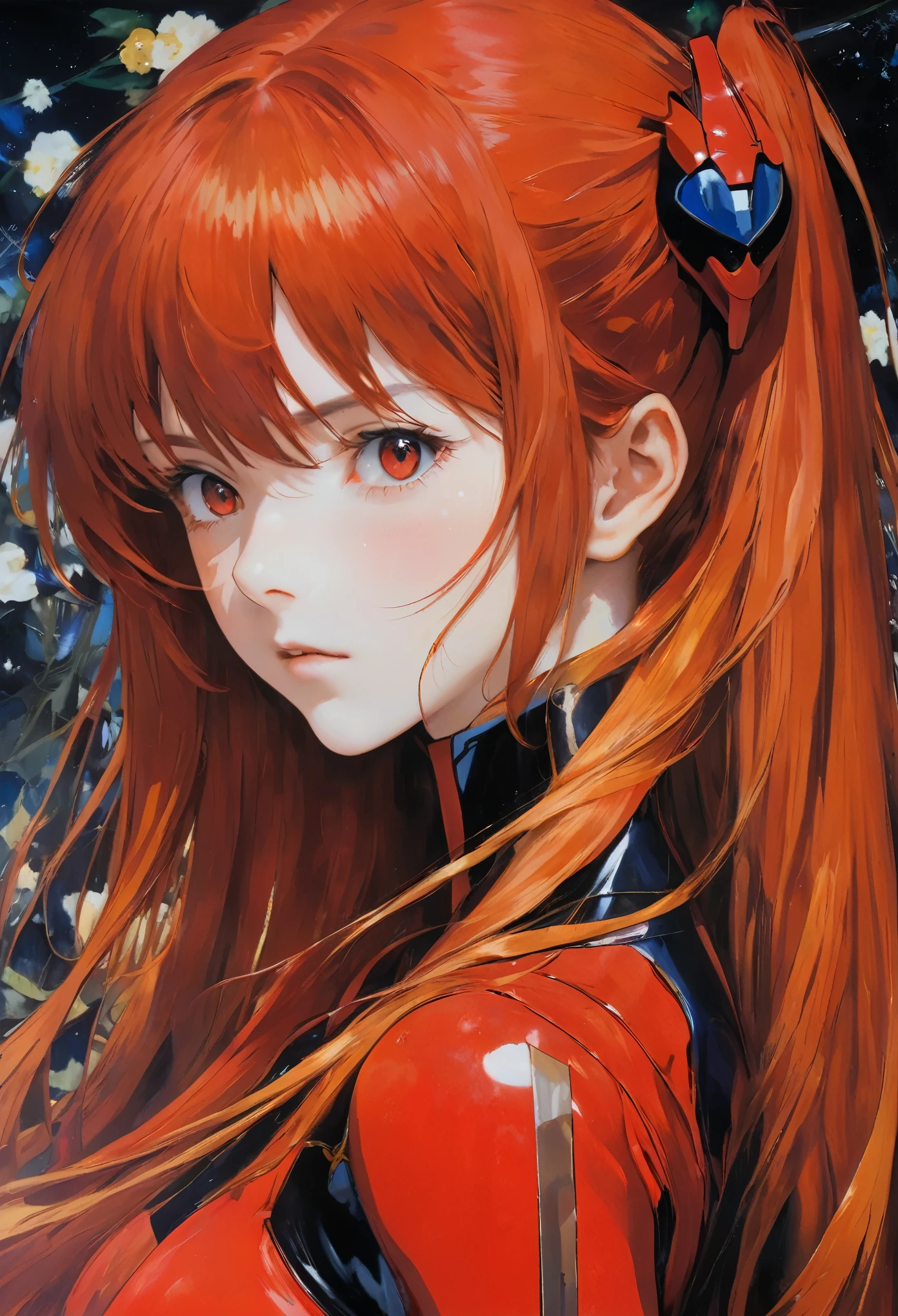 (Bitchu,Orthodox painting, Asuka Langley \(Neon Genesis EVANGELION)\, Red long hair,Wearing a red latex jumpsuit, Saint Pose,Beautiful facial details,Hello,Relief expression,((Simone Martini and Gustav Klimt oil paintings,Gothic art, Siena School))