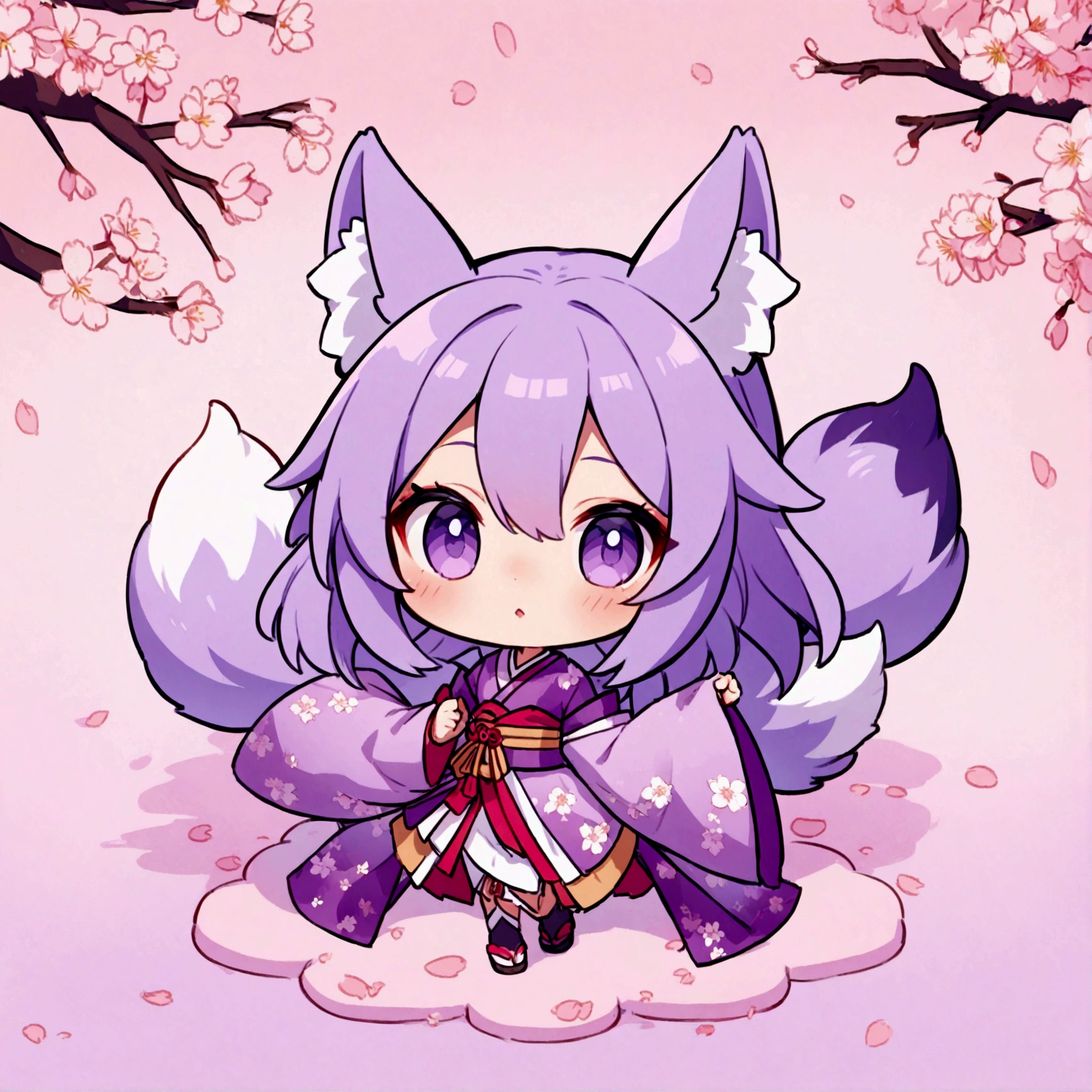 a cute chibi female fox girl with purple hair and multiple purple fox tails in a sakura kimono surrounded by cherry blossoms