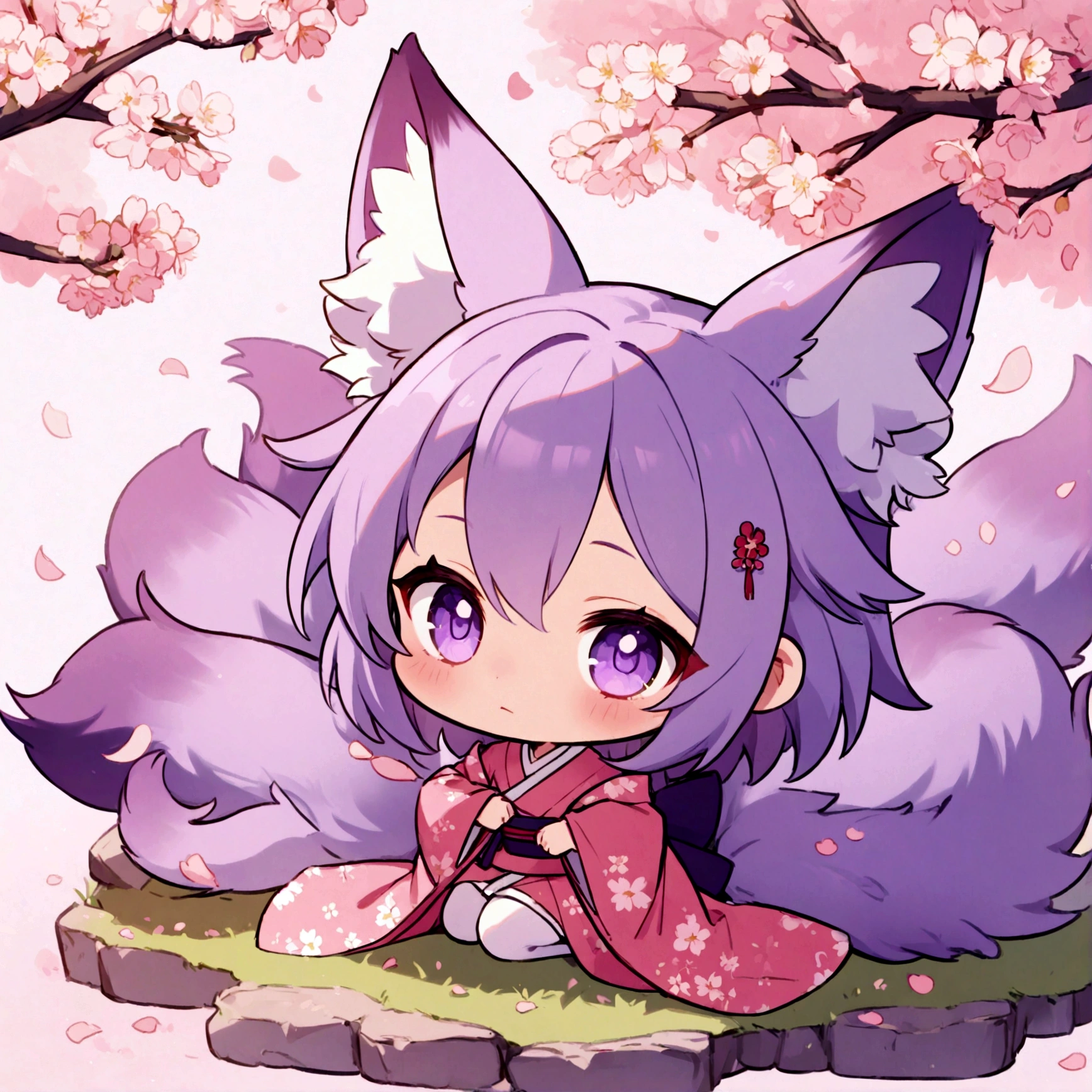 a cute chibi female fox girl with purple hair and multiple purple fox tails in a sakura kimono surrounded by cherry blossoms