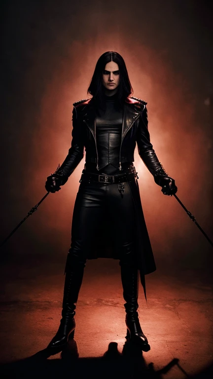 A dark, gothic tarot card featuring a dominant character in a leather outfit with metallic accents. The background is mysterious and shadowy, with deep red and black tones. The character holds a whip and stands in a powerful, controlling pose, illuminated by dramatic lighting that casts strong shadows. The card has intricate details, combining elements of BDSM with traditional tarot symbolism.