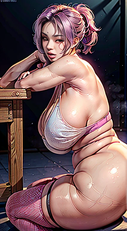 A perfect masterpiece, Highly Detailed CG UNITY 32K UHD Quality Resolution Wallpaper, Realistic, RAW Photos, Perfect photogenic clarity, Official Art, Award-winning portraits, Ultra-realistic, Super detailed, Glossy and realistic skin, Ray Tracing, Unreal Engine 5.8k, Glowing ambient light, The most beautiful and sexy girls, She has very long, neon purple hair that she wears in a ponytail., Vivid moonlight eyes, Long and fine eyelashes, Blushing, Plump pink lips, Curvy body type, Full Hips, Emphasized Super huge Very huge , I can see her cleavage(Volleyball team uniforms, She arches her back in a sexy, seductive, slutty pose:1.3), Looking at the audience, Close-up POV camera view, Sexy and seductive slutty look, Volleyball match background 、Camel Toe、Giant tit、Nipple Puffs、Cleavage、Plump、Super big breasts、Super big butt、do you see it from the side!
