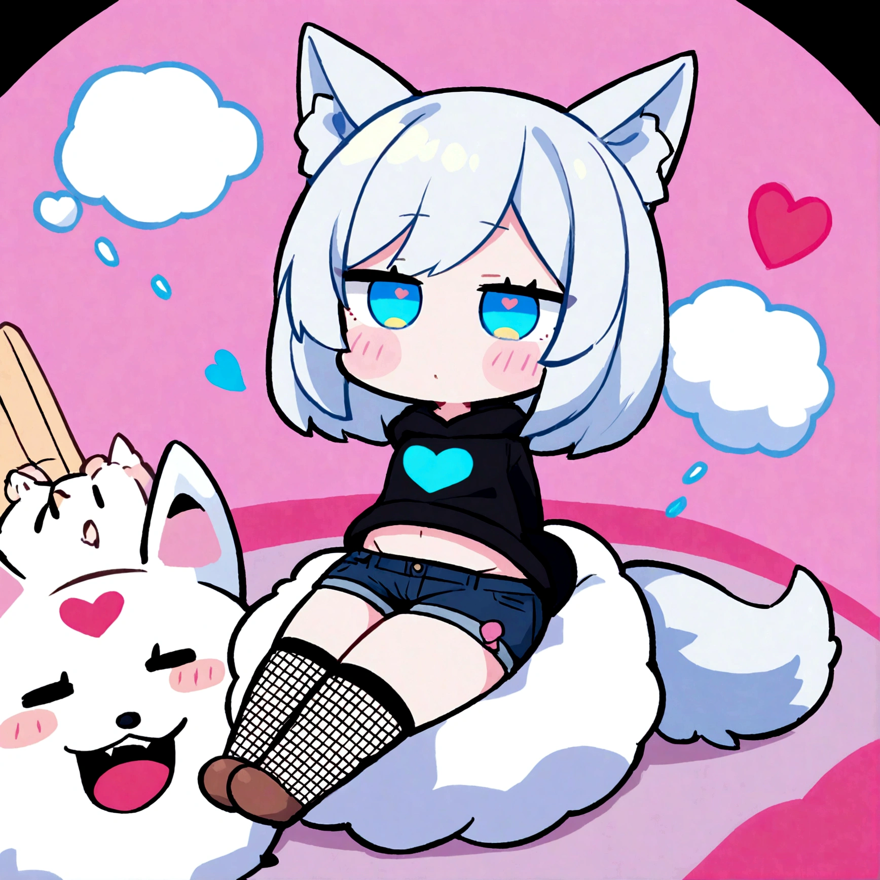 a cute chibi style adult male with wolf ears, white hair, has a wolf tail, wearing a loose cropped oversized black hoodie, wearing a pair of denim short shorts and fishnet stockings, thick thighs, wide hips, relaxing on mound of fluffy animal plushies, short, very slim, showing slender tummy, stretching out, heart on hoodie, squishy thighs, has glowing blue eyes, solo, alone, (SOLO), (ALONE)