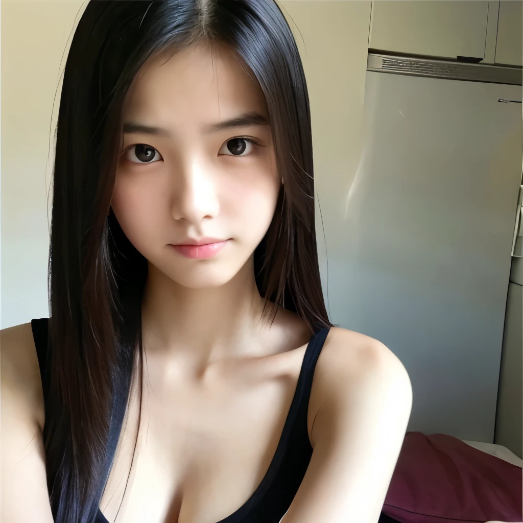 young woman, sleeveless shirt, cleavage, beauty face, Cute face, thin, long Sleek Straight hair style, medium breast, sad