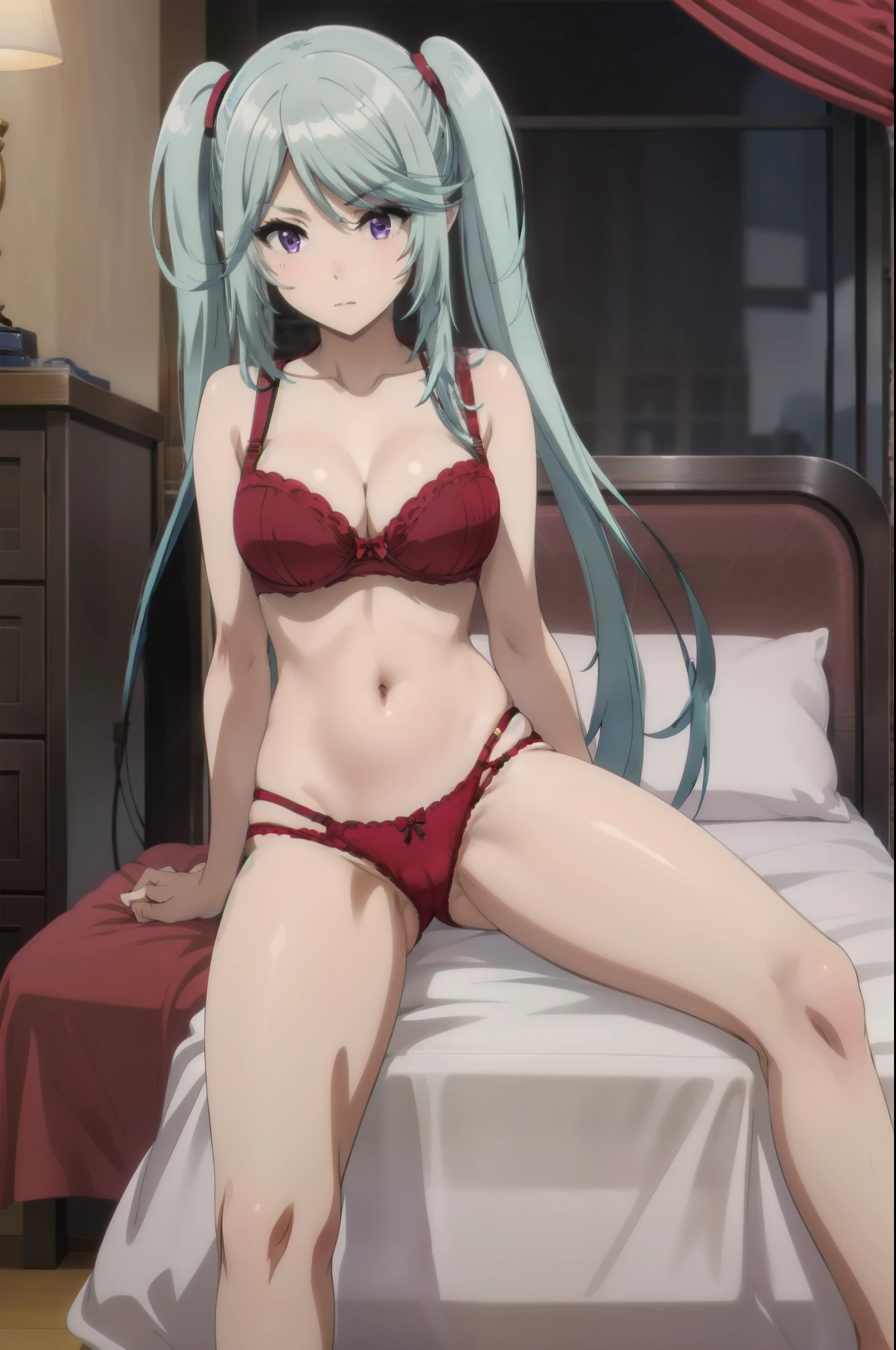 1girl, twintails, purple eyes, long hair, blue hair,((red bra,red underwear)),lying on the bed,split legs,stockings