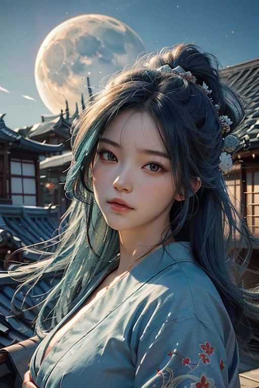 highest quality, masterpiece,  (Realistic:1.4),1 detailed girl,Japanese,Blue hair, Hair blowing in the wind,Flowing Hair,
Beautiful breasts,wearing miko clothes,Dim light,blue Moon,On a tiled roof,Watching a dragon in the sky,Detailed sky dragon background, Detailed face,Beautiful Face,Rin々A funny expression
