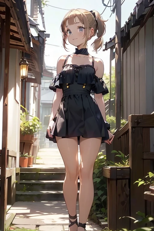 (masterpiece:1.2, top-quality), (realistic, photorealistic:1.4), beautiful illustration, (natural side lighting, movie lighting), (face focus,full body, from below),a 17 years old girl, japanese, high school girl, perfect face, perfect body, cute and symmetrical face, shiny skin, babyface,(short hair:1.6), (low ponytail:1.6), long sideburns, light brown hair), asymmetrical bangs, dark blue eyes, big eyes, drooping eyes, (small breasts, posed cleavage,seductive thighs, big ass), beautiful hair, beautiful face, beautiful detailed eyes, beautiful clavicle, beautiful body, beautiful chest, beautiful thigh, beautiful legs, beautiful fingers, (off-shoulder red dress:1.3), (sleeveless black:1.1),( brown tight mini skirt), emerald green hair ribbon), (beautiful scenery), morning, (street), standing, upper eyes, (with sparkling eyes and a contagious smile:1.2),looking at Viewer