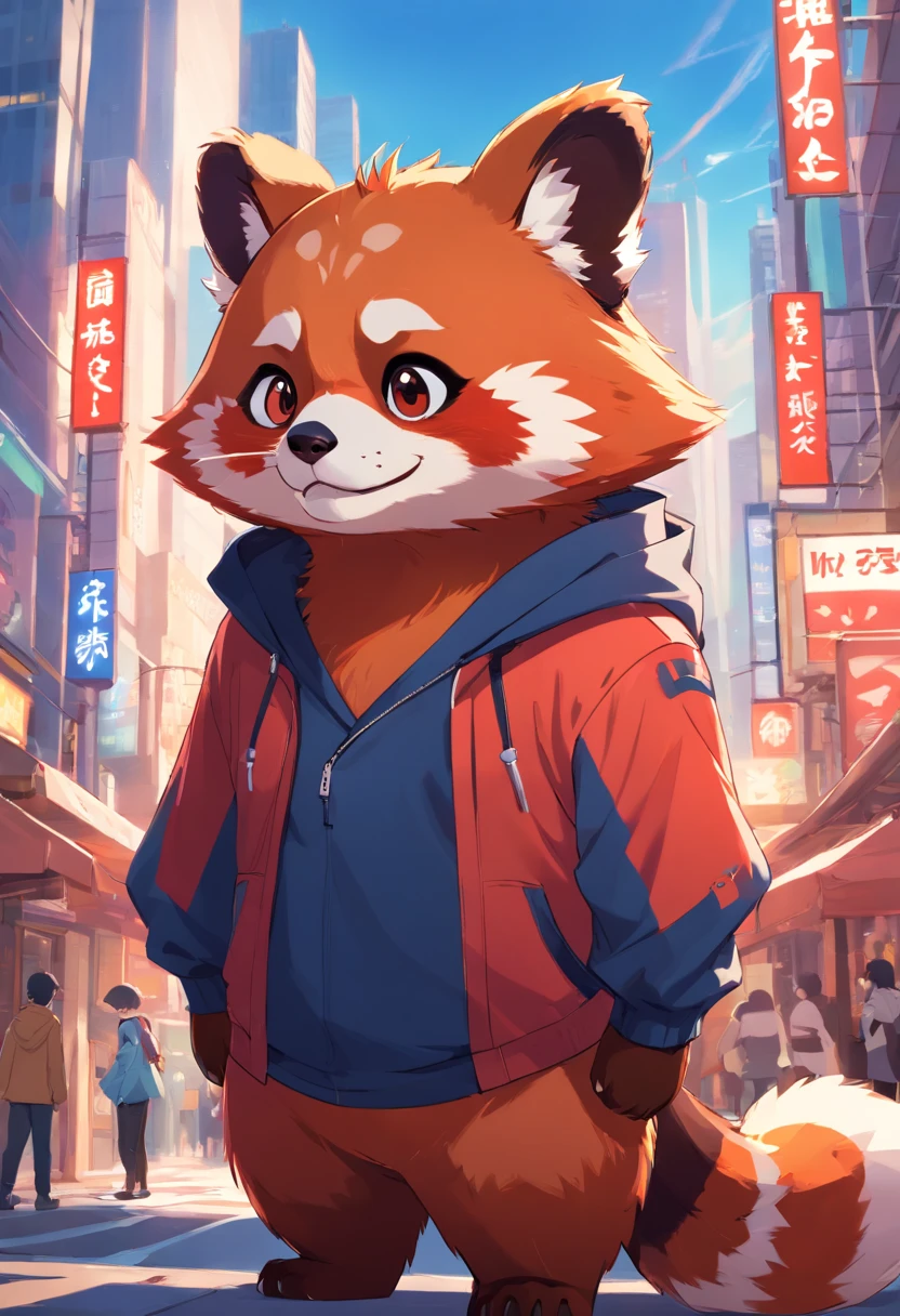 red panda,big belly,male,young,furry,anime characters,furry red panda anime characters,blue eyes, city background