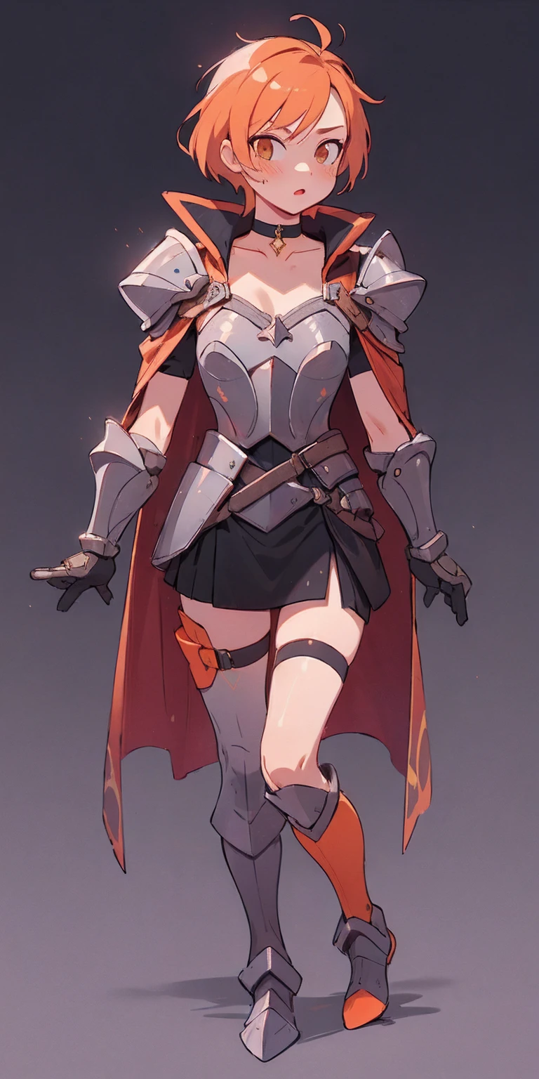 choker, armor, cape, black dress, single glove, thigh highs, armored legwear, orange boots, hyper realistic