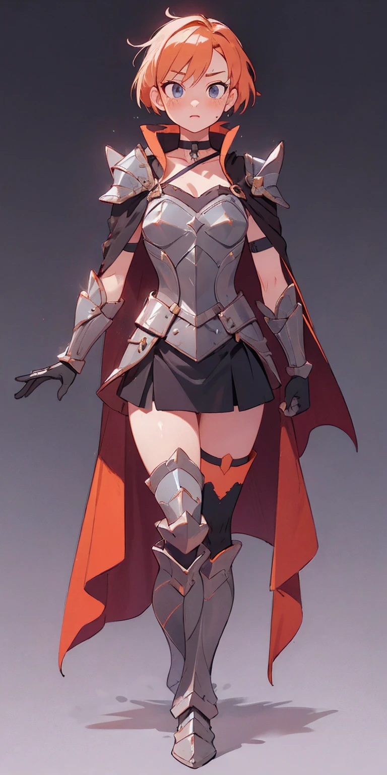 choker, armor, cape, black dress, single glove, thigh highs, armored legwear, orange boots, hyper realistic