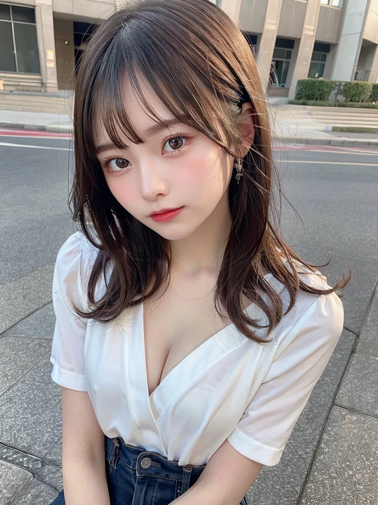 highest quality, shape, Very detailed, finely, High resolution, 8k wallpaper, Perfect dynamic composition, Beautiful and detailed, Summer clothes,Medium Hair,Natural color lip,smile,20-year-old girl、Midnight、Beautiful and elaborate face、Perfect and beautiful face、Slim face and figure,spread your arms wide,Big eyes,Take a photo with your face raised from below your knees、Small face、Beautifully detailed face、Perfect and beautiful double eyelids、Big cleavage、Long, slender legs、One Woman、gravure、Skinny jeans、Watching the audience、Run