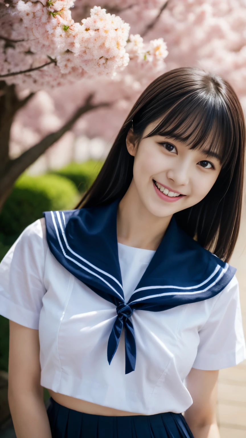 Close-up of a woman posing for a photo, The most beautiful Japanese models, 15 year old female model, 4K、bangs、Black-haired, Slightly longer bob hair, Mid-length hair, Straight hair、(White shirt, Sailor , Dark blue pleated skirt:1.2), (Super cute idol-like face:1.4), Upper Body, Slim and beautiful figure, sexy, Beautiful breasts, Laughter, The background is a row of cherry blossom trees, (RAW Photos, highest quality, masterpiece, Super detailed, Ultra-high resolution, Realistic),