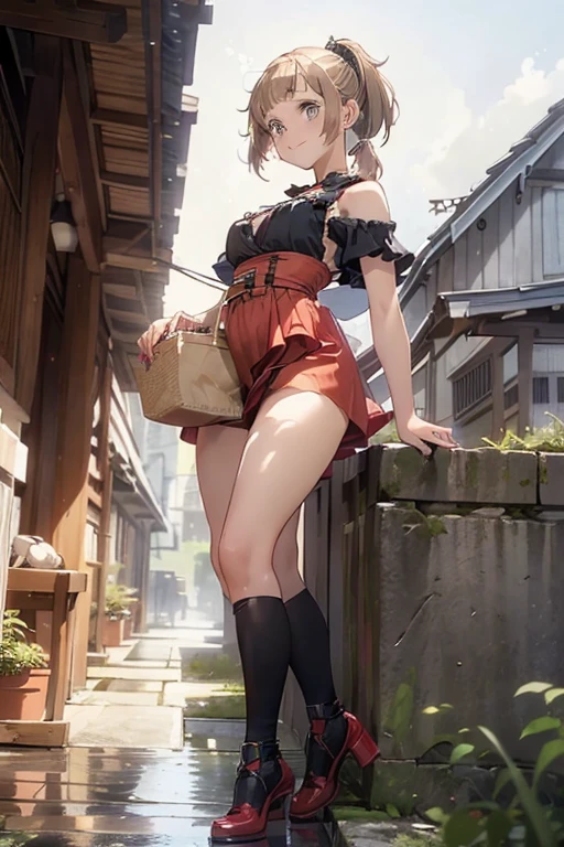 (masterpiece:1.2, top-quality), (realistic, photorealistic:1.4), beautiful illustration, (natural side lighting, movie lighting), (face focus,full body, from below),a 17 years old girl, japanese, high school girl, perfect face, perfect body, cute and symmetrical face, shiny skin, babyface,(short hair:1.6), (low ponytail:1.6), long sideburns, light brown hair), asymmetrical bangs, dark blue eyes, big eyes, drooping eyes, (small breasts, posed cleavage,seductive thighs, big ass), beautiful hair, beautiful face, beautiful detailed eyes, beautiful clavicle, beautiful body, beautiful chest, beautiful thigh, beautiful legs, beautiful fingers, (off-shoulder red dress:1.3), (sleeveless black:1.1),( brown tight mini skirt), emerald green hair ribbon), (beautiful scenery), morning, (street), standing, upper eyes, (with sparkling eyes and a contagious smile:1.2),looking at Viewer