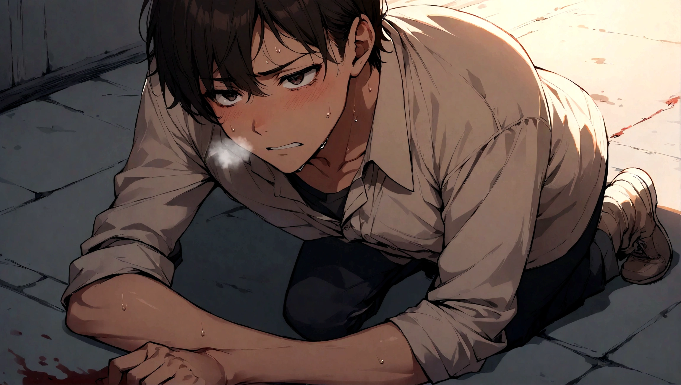 1boy, pumping blood, running dry, kneeling, hand on ground, weary expression, heartbeat visible, dimly lit, surrounding shadows, battle-worn, heavy breathing, sweat, survival