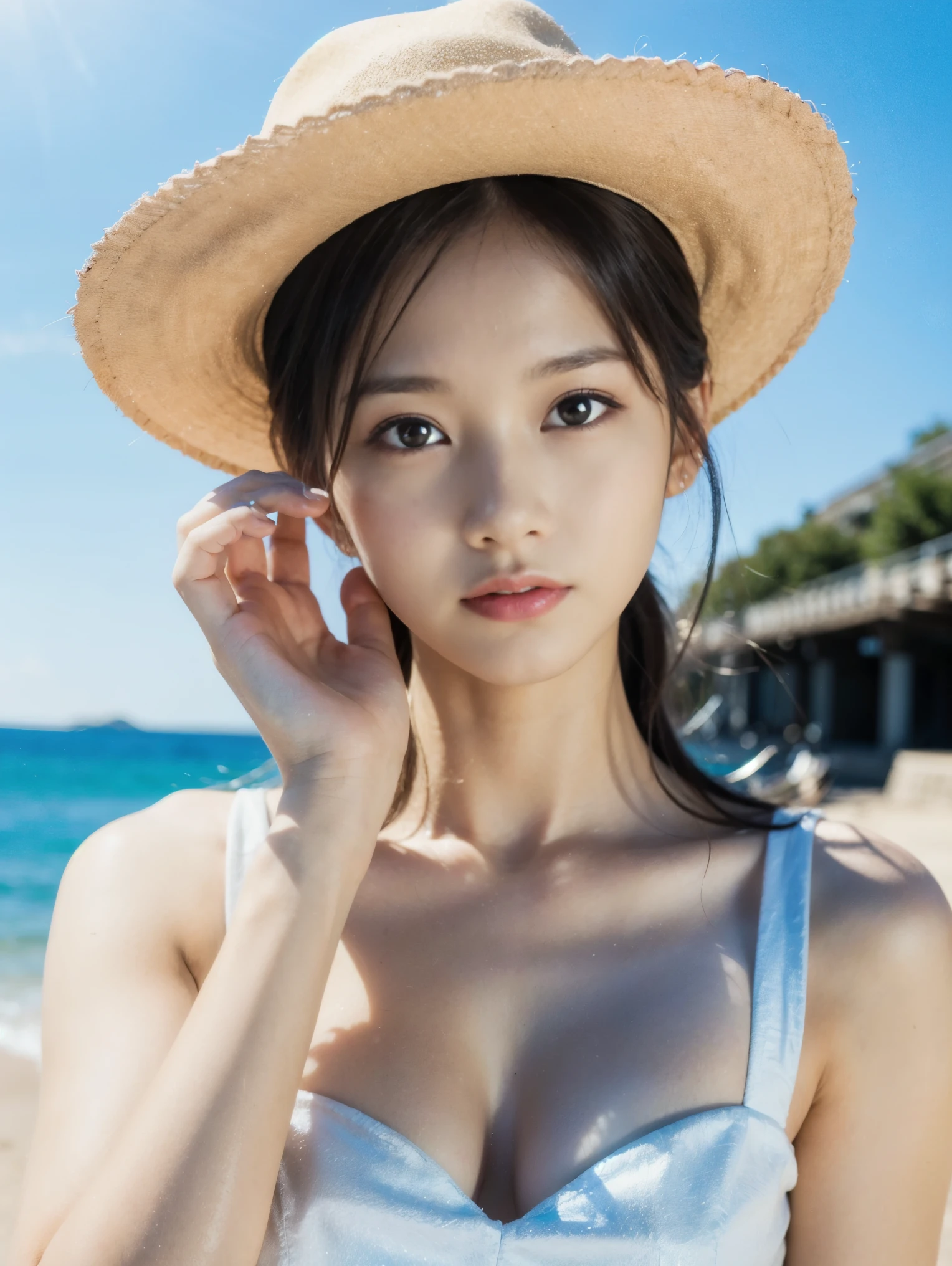 (masterpiece: 1.2), (CGI Art: 1.3), (Realistic: 1.5), (Post-processing: 1.3), (Sharp focus: 1.3), 8k, 14-year-old girl, Portraiture, Ocean, handrail, White Dress, Sun hat, (wave hands: 1.2), (Detailed face: 1.2), (High Shadows Details: 1.2), (figure: 1.2), (Ulzzang :1.2)-6500:1.0)、((High resolution)、