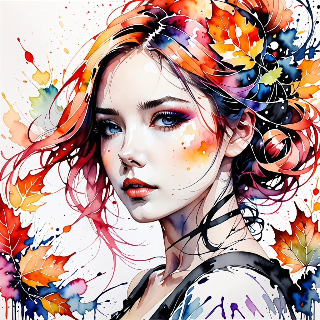 (8k, best quality, masterpiece:1.2),(best quality:1.0), (ultra highres:1.0), watercolor, a beautiful woman, shoulder, hair ribbons, by agnes cecile, full body portrait, extremely luminous bright design, pastel colors, (ink:1.3), autumn lights,