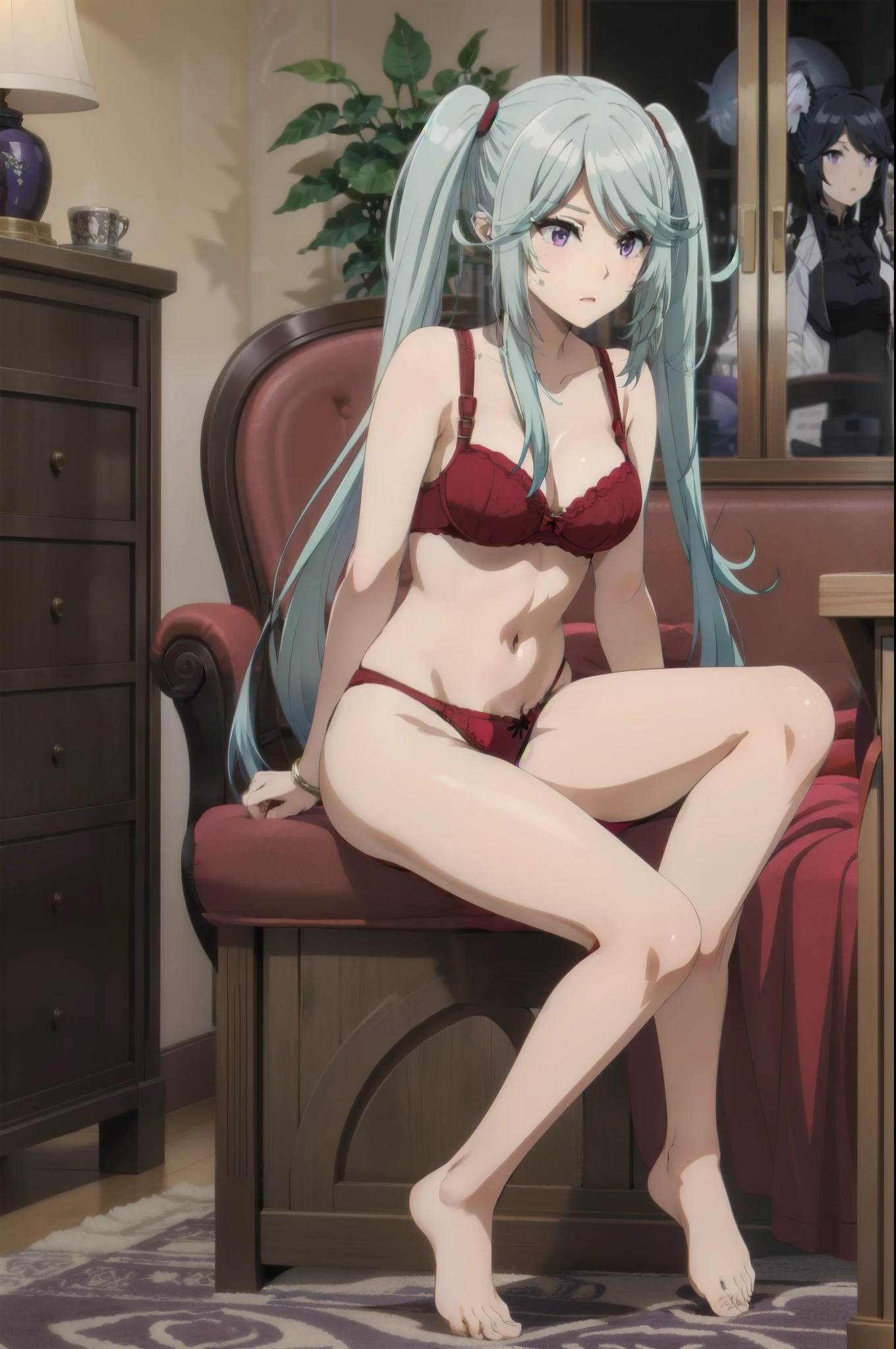 1girl, twintails, purple eyes, long hair, blue hair,((red bra,red underwear)),sitting on the bed,split legs
