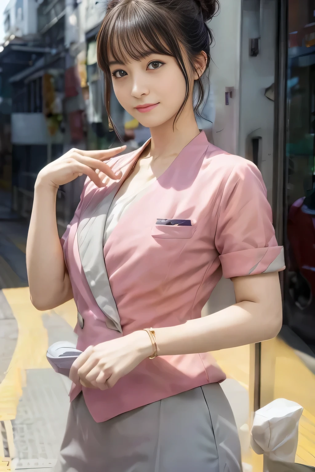 (masterpiece:1.2, highest quality:1.2), 32K HDR, High resolution, (alone、1 girl)、(On the rooftop of a building in the daytime、Professional Lighting)、Building rooftop background、(Nankai train crew uniform pinkを着たリアルスタイル)、(Nankai train crew uniform pink short sleeve pink jacket、Nankai Train Crew Uniform Pink Collarless Short Sleeve Blouse、Nankai Train crew uniform pinkのグレー色のキュロットスカート)、Dark brown hair、(Hair tied up、Hair Bun、Hair Bun)、Dark brown hair、Long Shot、Big Breasts、Thin legs、((Great hands:2.0)),((Harmonious body proportions:1.5)),((Normal limbs:2.0)),((Normal finger:2.0)),((Delicate eyes:2.0)),((Normal eyes:2.0)))、smile、(Nankai Train crew uniform pinkのグレー色のキュロットスカートを見せた美しい立ち姿)、Put your hands down、I have nothing in my hands