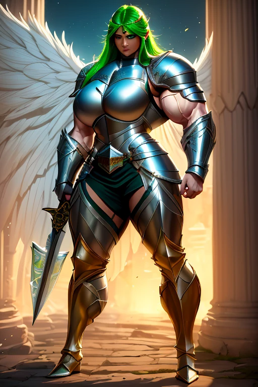 ((((Massive, tall, beautiful, buff, muscular light brown skinned female knight with green hair, black lipstick, huge angle wings, ginormous bulky muscles, holding a sword and shield and wearing an all green gleaming knight armor with hauberk and pants)))), {close view}, black eyeliner, massive muscles, massive biceps, hyper muscle triceps, (long curvy hair), orange eyes, giant angel wings, knight boots, In a castle, (hauberk pants), steel knight armor, armor breastplate, nighttime, confident smile, hyper muscles arms, hyper muscle legs, ginormous arms