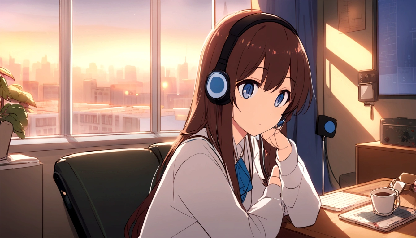 Feminized Maple Manyo、A girl with long hair relaxing on a sofa in a room, drinking coffee and listening to music with headphones、Big eyes、City pop fashion