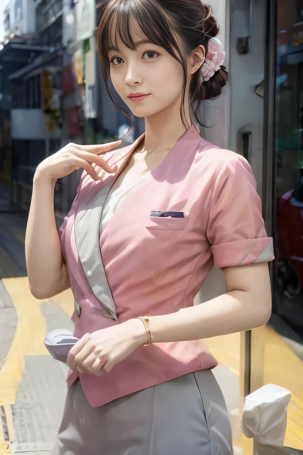 (masterpiece:1.2, highest quality:1.2), 32K HDR, High resolution, (alone、1 girl)、(On the rooftop of a building in the daytime、Professional Lighting)、Building rooftop background、(Nankai train crew uniform pinkを着たリアルスタイル)、(Nankai train crew uniform pink short sleeve pink jacket、Nankai Train Crew Uniform Pink Collarless Short Sleeve Blouse、Nankai Train crew uniform pinkのグレー色のキュロットスカート)、Dark brown hair、(Hair tied up、Hair Bun、Hair Bun)、Dark brown hair、Long Shot、Big Breasts、Thin legs、((Great hands:2.0)),((Harmonious body proportions:1.5)),((Normal limbs:2.0)),((Normal finger:2.0)),((Delicate eyes:2.0)),((Normal eyes:2.0)))、smile、(Nankai Train crew uniform pinkのグレー色のキュロットスカートを見せた美しい立ち姿)、Put your hands down、I have nothing in my hands