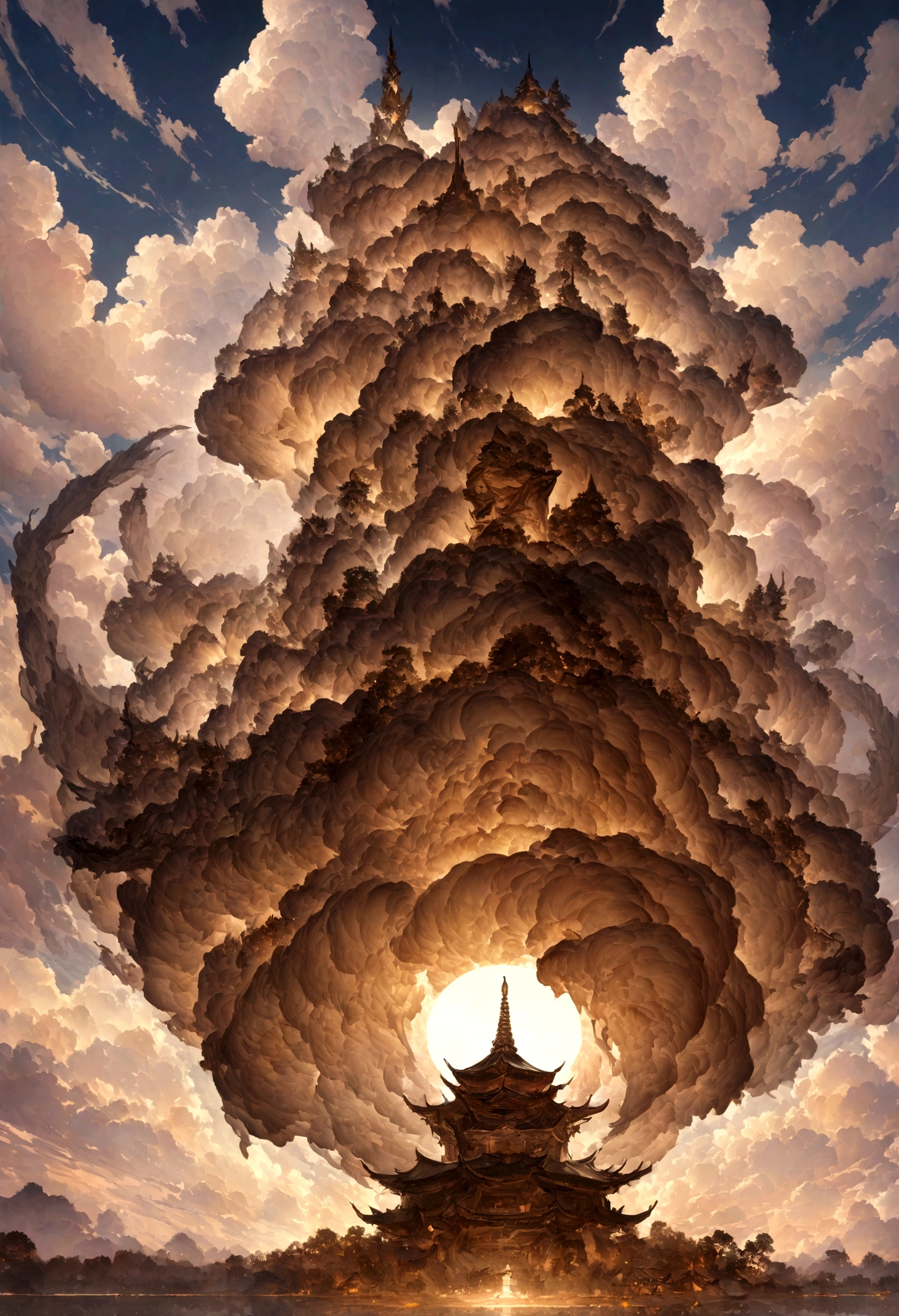 ((Tabletop))，(最high quality))，Chinese style，In the sky, Clouds form a giant white Buddha，Thick Clouds，And the sun was shining bright，Pilgrims&#39; Path，Surreal，Ultra-photorealism，White seeds，8k，High resolution，high quality，Masterpieces，Ultra-fine，（（（OC Renderer）））