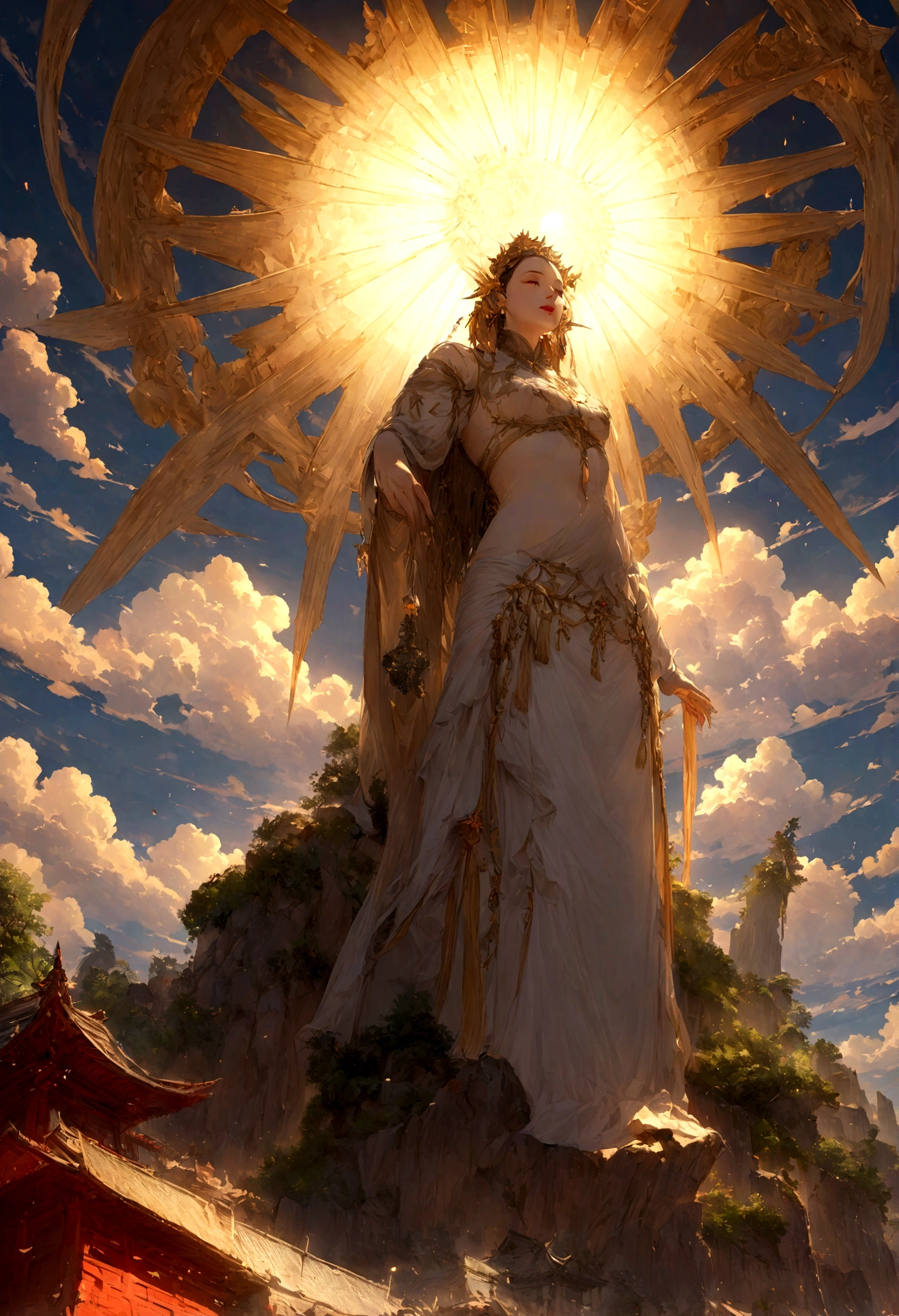 ((Tabletop))，(最high quality))，Chinese style，In the sky, Clouds form a giant white Buddha，Thick Clouds，And the sun was shining bright，Pilgrims&#39; Path，Surreal，Ultra-photorealism，White seeds，8k，High resolution，high quality，Masterpieces，Ultra-fine，（（（OC Renderer）））