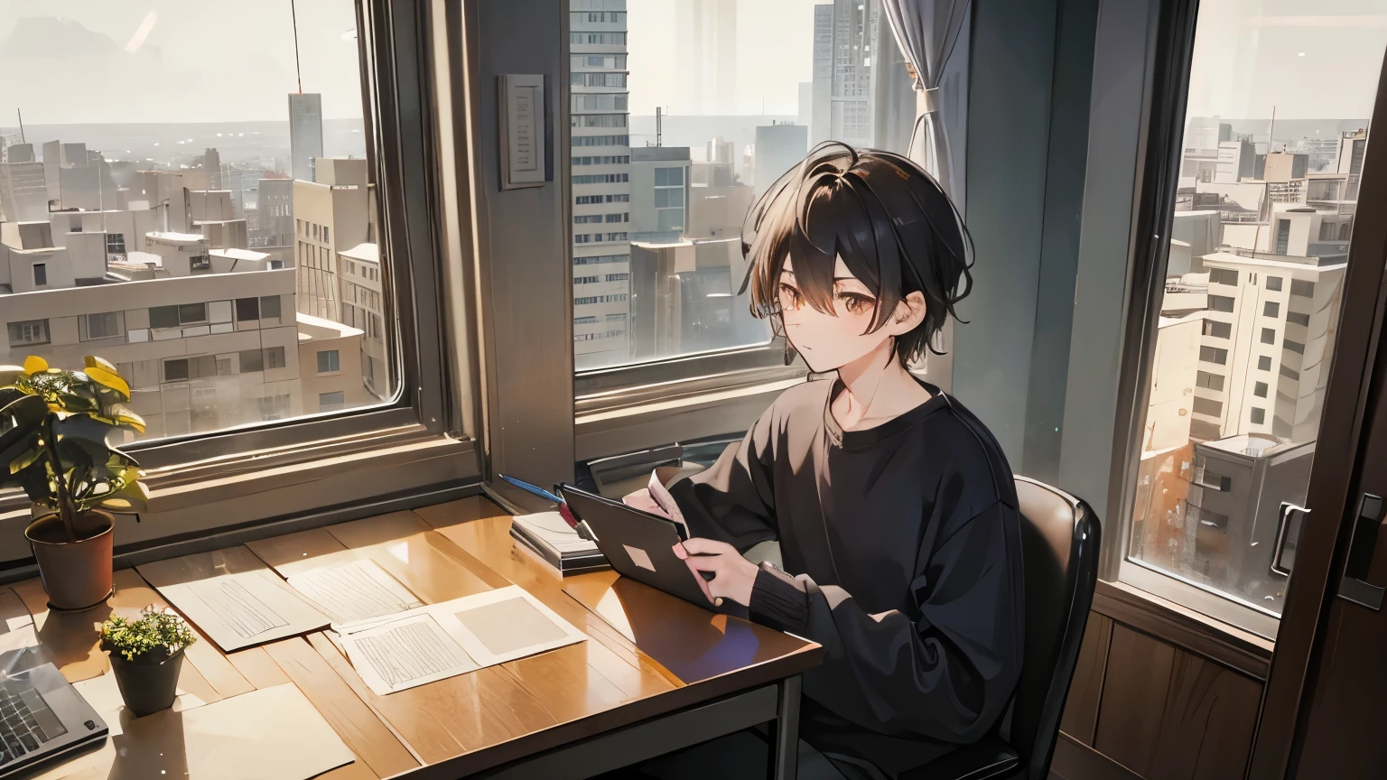 A cozy and warm study room at night with a city view through the window. A young man with messy dark hair, wearing a gray sweater, is sitting at a desk. He is focusing on operating a laptop. The desk is cluttered with various stationery items, plants, and a notebook. An orange tabby cat is sitting on the windowsill, looking outside. The room is lit by a desk lamp, creating a calm and studious atmosphere.
