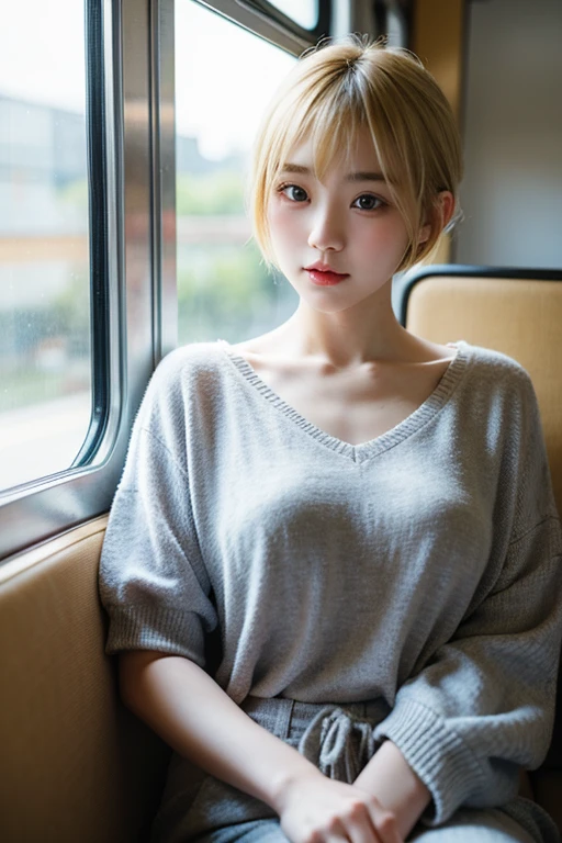 The Japanese girl, at the age of eighteen, sat gracefully on the train seat, her short blonde hair framed her pretty face with bangs parted to the side. Her brown eyes sparkled with life as she looked out of the window, her perfect figure accentuated by the transparency
