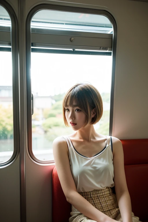 The Japanese girl, at the age of eighteen, sat gracefully on the train seat, her short blonde hair framed her pretty face with bangs parted to the side. Her brown eyes sparkled with life as she looked out of the window, her perfect figure accentuated by the transparency
