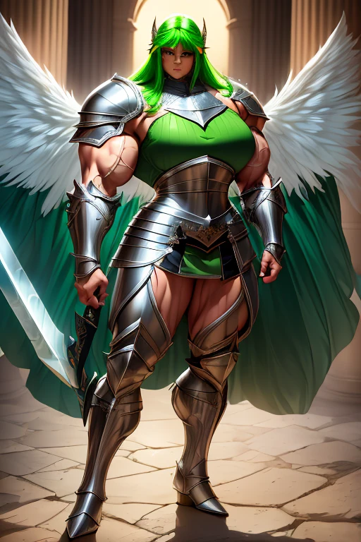 ((((Massive, tall, beautiful, buff, muscular light brown skinned female knight with green hair, black lipstick, huge angle wings, ginormous bulky muscles, holding a sword and shield and wearing an all green gleaming knight armor with hauberk pants)))), {close view}, black eyeliner, massive muscles, massive biceps, hyper muscle triceps, (long curvy hair), orange eyes, giant angel wings, knight boots, In a castle, (hauberk pants), steel knight armor, armor breastplate, nighttime, confident smile, hyper muscles arms, hyper muscle legs, ginormous arms