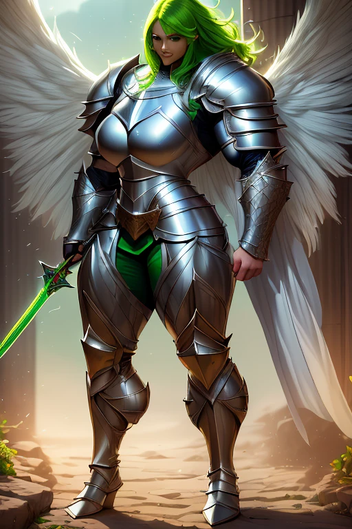 ((((Massive, tall, beautiful, buff, muscular light brown skinned female knight with green hair, black lipstick, huge angle wings, ginormous bulky muscles, holding a sword and shield and wearing an all green gleaming knight armor with hauberk pants)))), {close view}, black eyeliner, massive muscles, massive biceps, hyper muscle triceps, (long curvy hair), orange eyes, giant angel wings, knight boots, In a castle, (hauberk pants), steel knight armor, armor breastplate, nighttime, confident smile, hyper muscles arms, hyper muscle legs, ginormous arms