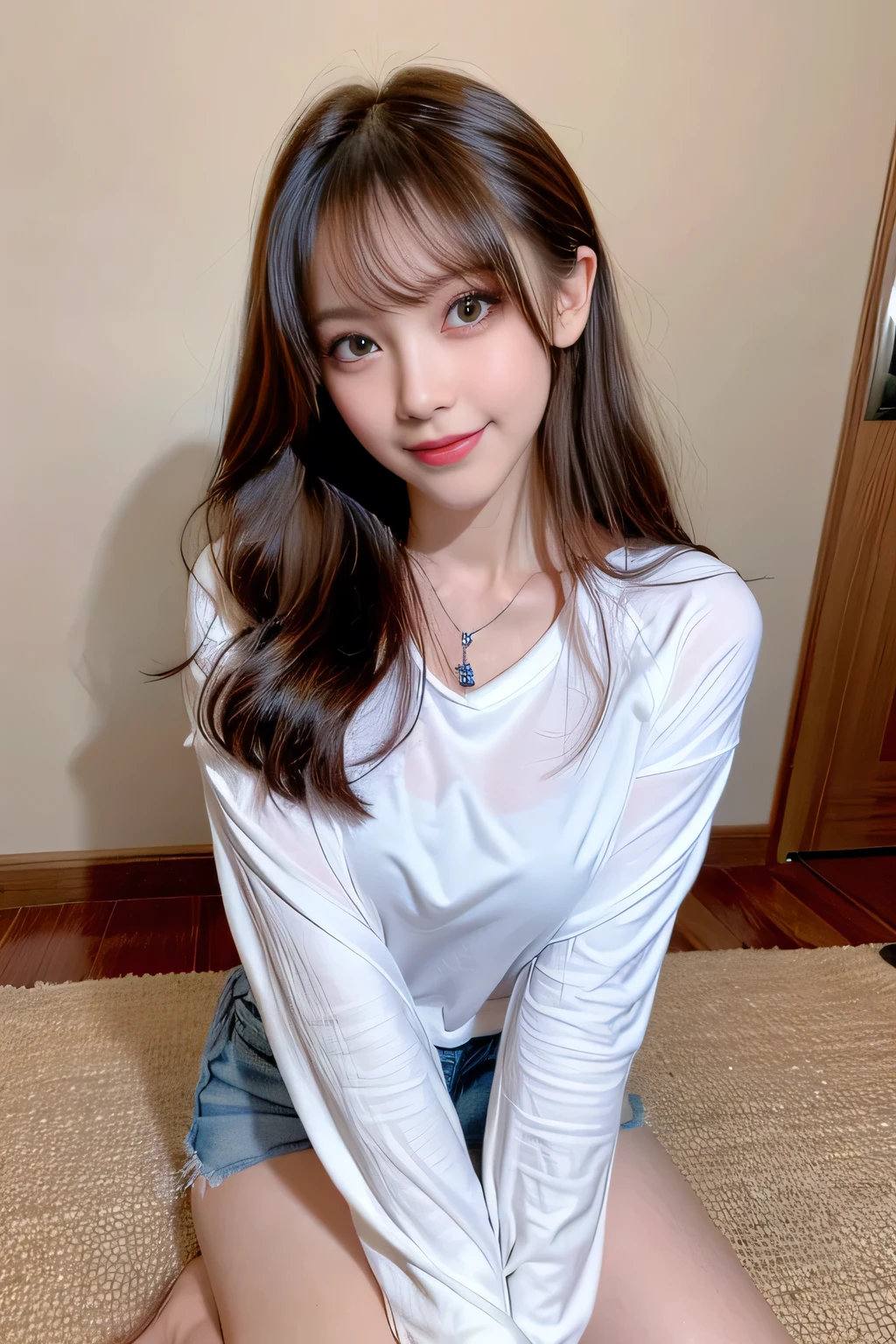 ((Full Body Angle))、overhead shot,((highest quality, 8K, masterpiece: 1.3)), concentrated: 1.2, Cute girl 1,Nipples erect、 Perfect beauty: 1.4,Cut and sewn T-shirt Raglan sleeve summer short sleeve T-shirt.Shorts: 1.2,Long sleeve、Randall Color、comics&Text Graphics、Black ruffle-trimmed drawstring zip blouse,1.1, Highly detailed face and skin textures, Fine grain, double eyelid, whitening skin, ,highest quality,Ultra-high resolution,you,1 girl,alone,_Shiny_skin,Iris,necklace,((Brown_length_Wavy_hair)),(lips)),eyelash,Front hair,deal with,compensate,Shiny,pore,skin texture,Large Breasts、smiling face、Front hair、