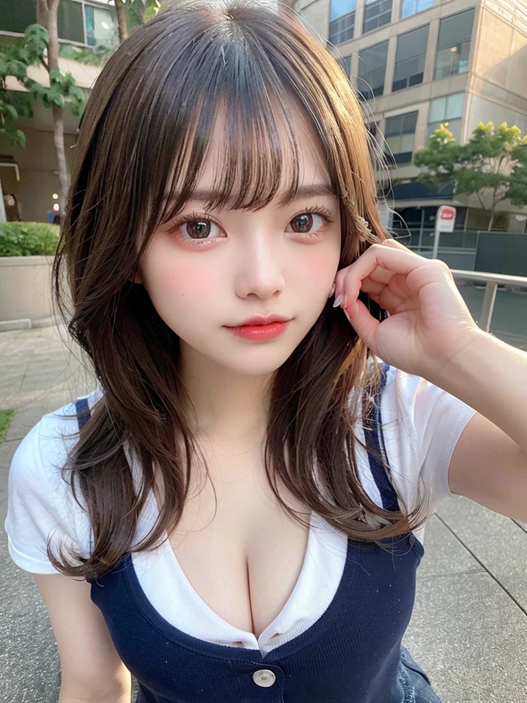 highest quality, shape, Very detailed, finely, High resolution, 8k wallpaper, Perfect dynamic composition, Beautiful and detailed, Summer clothes,Medium Hair,Natural color lip,smile,20-year-old girl、Midnight、Beautiful and elaborate face、Perfect and beautiful face、Slim face and figure,spread your arms wide,Big eyes,Take a photo with your face raised from below your knees、Small face、Beautifully detailed face、Perfect and beautiful double eyelids、Big cleavage、Long, slender legs、One Woman、gravure、Skinny jeans、Watching the audience、Run