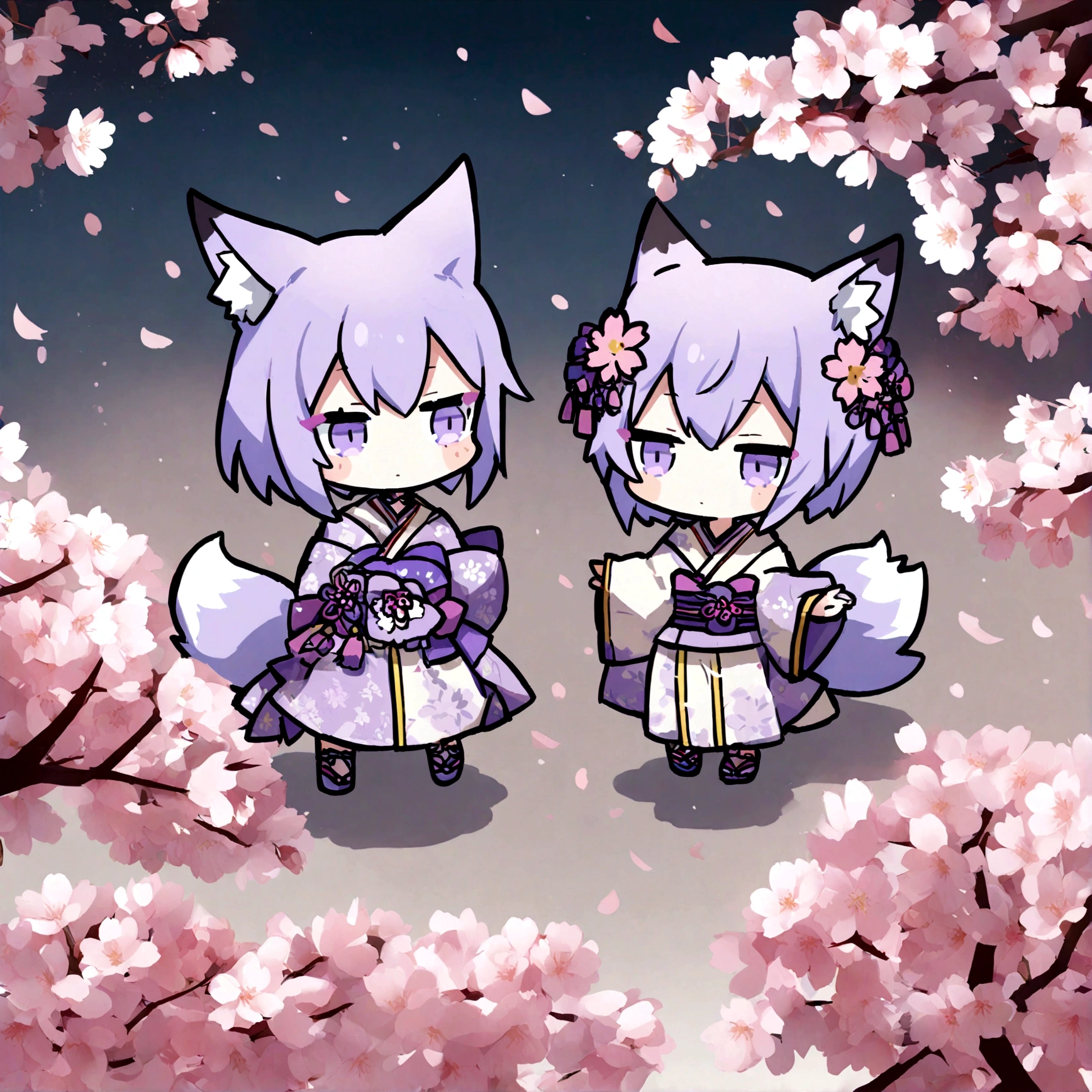 a cute chibi female fox girl with purple hair and multiple purple fox tails in a sakura kimono surrounded by cherry blossoms