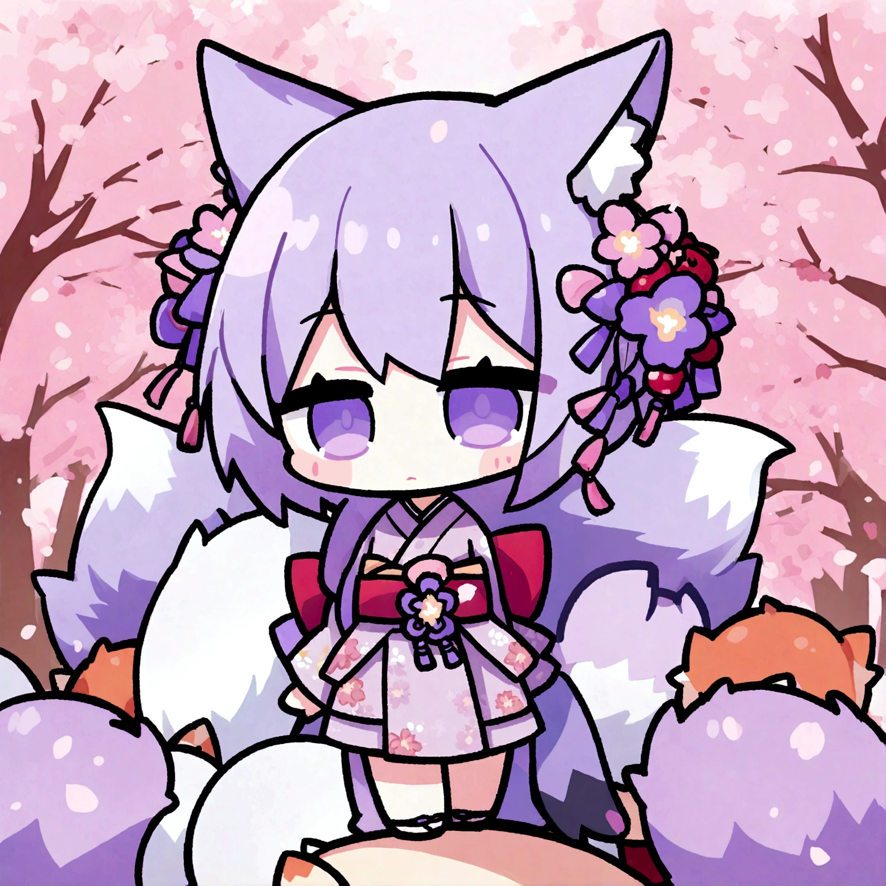 a cute chibi female fox girl with purple hair and multiple purple fox tails in a sakura kimono surrounded by cherry blossoms