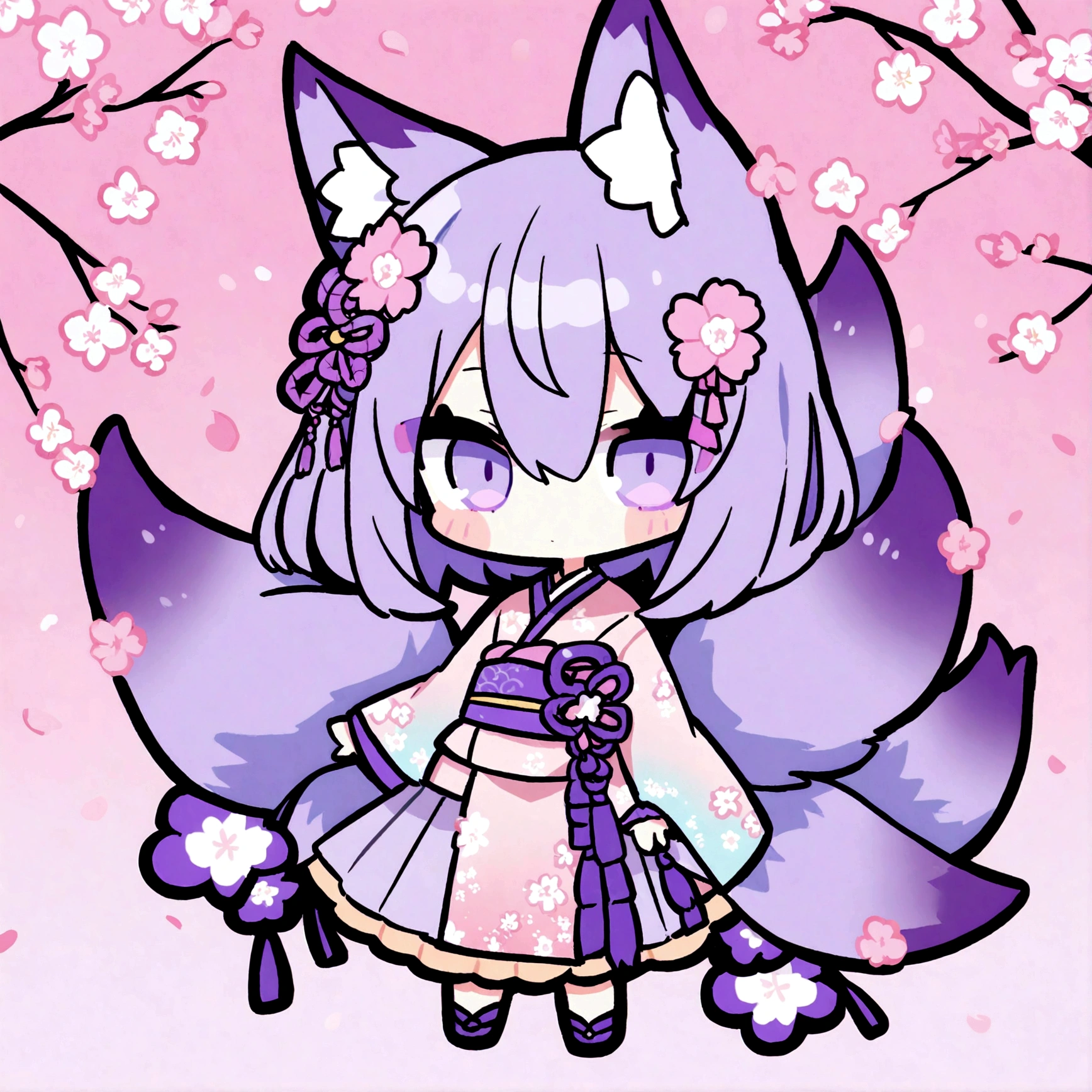 a cute chibi female fox girl with purple hair and multiple purple fox tails in a sakura kimono surrounded by cherry blossoms