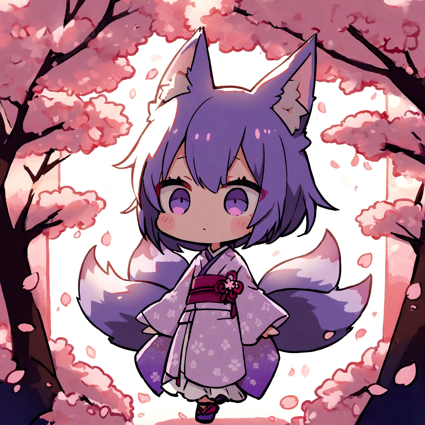 a cute chibi female fox girl with purple hair and multiple purple fox tails in a sakura kimono surrounded by cherry blossoms