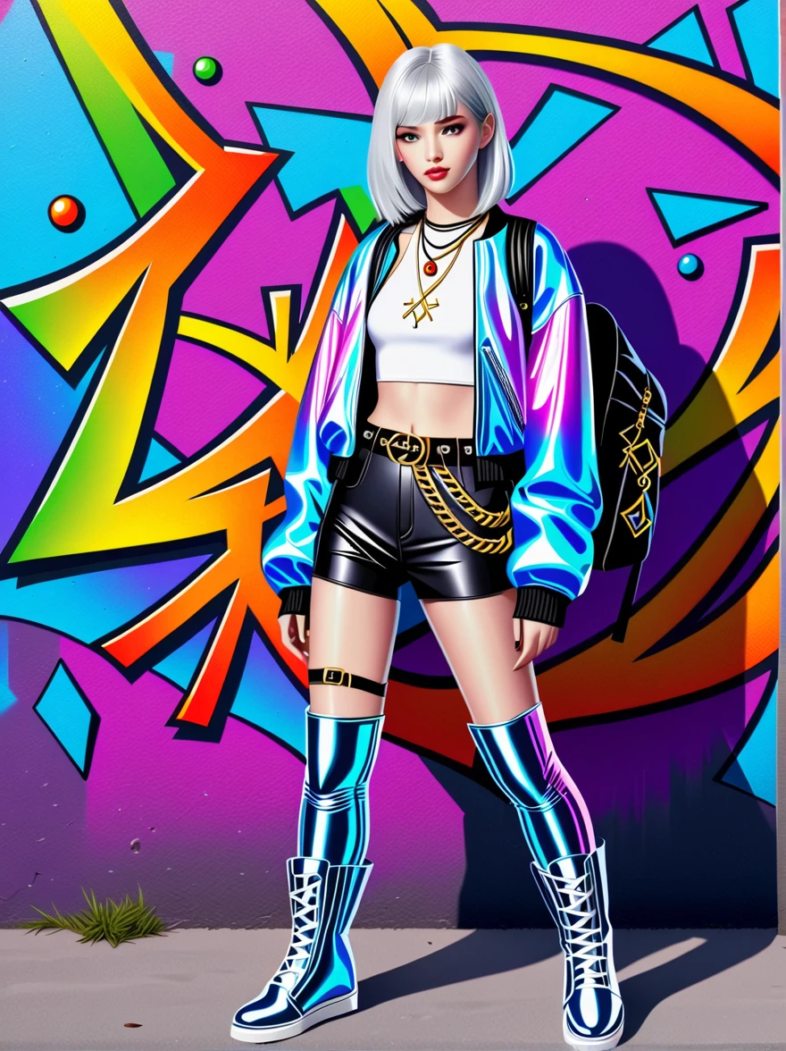 Rebellious European Girl,Silver hair,Blue luster,Violet eyes,Street style,Fantasy elements,Rainbow fabric,Bodysuit,Gold pattern,Ancient runes,Holographic bomber jacket,Metal nails,Gemstone pattern,thigh-high boots,Metallic silver,Glowing blue decoration,Mystic Potion,amulet,belt,Fingerless gloves,Glowing Rune,Necklace,Glowing crystal pendant,Holographic backpack,Mysterious symbols,Combination of tradition and fantasy,Unique temperament,Anatomically correct,Textured Skin,Standing in front of a graffiti style background,Add whimsy to the scene,To enhance the sharpness and modernity of the scene,Sharp lines,Bold brushstroke numbers