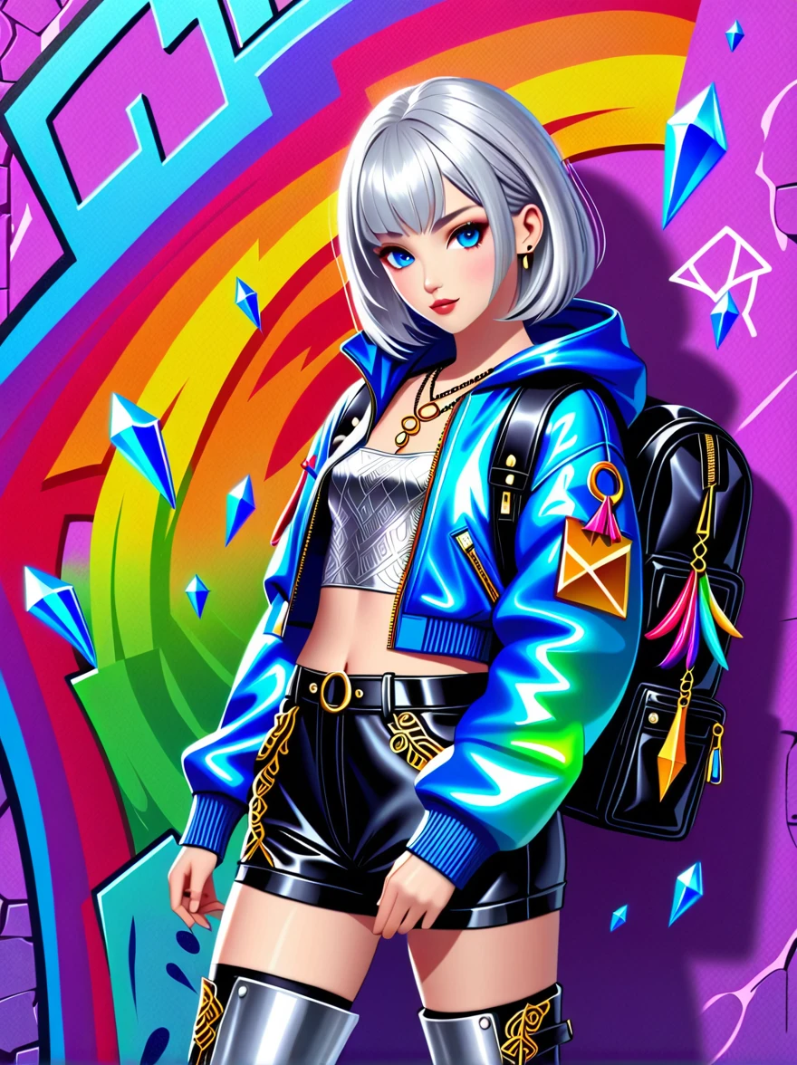 Rebellious European Girl,Silver hair,Blue luster,Violet eyes,Street style,Fantasy elements,Rainbow fabric,Bodysuit,Gold pattern,Ancient runes,Holographic bomber jacket,Metal nails,Gemstone pattern,thigh-high boots,Metallic silver,Glowing blue decoration,Mystic Potion,amulet,belt,Fingerless gloves,Glowing Rune,Necklace,Glowing crystal pendant,Holographic backpack,Mysterious symbols,Combination of tradition and fantasy,Unique temperament,Anatomically correct,Textured Skin,Standing in front of a graffiti style background,Add whimsy to the scene,To enhance the sharpness and modernity of the scene,Sharp lines,Bold brushstroke numbers