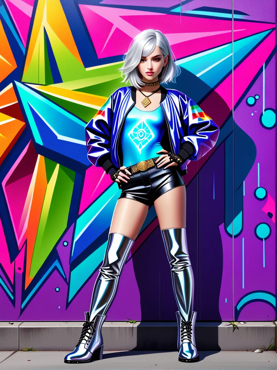 Rebellious European Girl，Silver hair，Blue luster，Violet eyes，Street style，Fantasy elements，Rainbow fabric，Bodysuit，Gold pattern，Ancient runes，Holographic bomber jacket，Metal nails，Gemstone pattern，thigh-high boots，Metallic silver，Glowing blue decoration，Mystic Potion，amulet，belt，Fingerless gloves，Glowing Rune，Necklace，Glowing crystal pendant，Holographic backpack，Mysterious symbols，Combination of tradition and fantasy，Unique temperament，Anatomically correct，Textured Skin，Standing in front of a graffiti style background，Add whimsy to the scene，To enhance the sharpness and modernity of the scene，Sharp lines，Bold brushstroke numbers