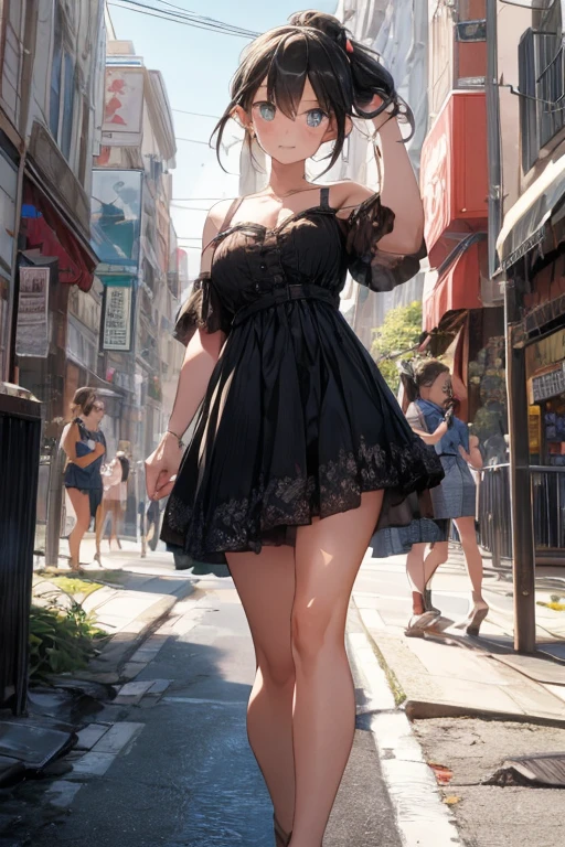 24-year-old female、long hair、Straight Hair、Shiny hair、Sexy proportions、Wear a lace choker、Wear a halter top、Cleavage Emphasis、Wear a low-rise, mini-length pleated skirt、Belly button visible、Wear stiletto heels、smile、Background of a square surrounded by historic buildings in the old town、Plenty of sunshine、