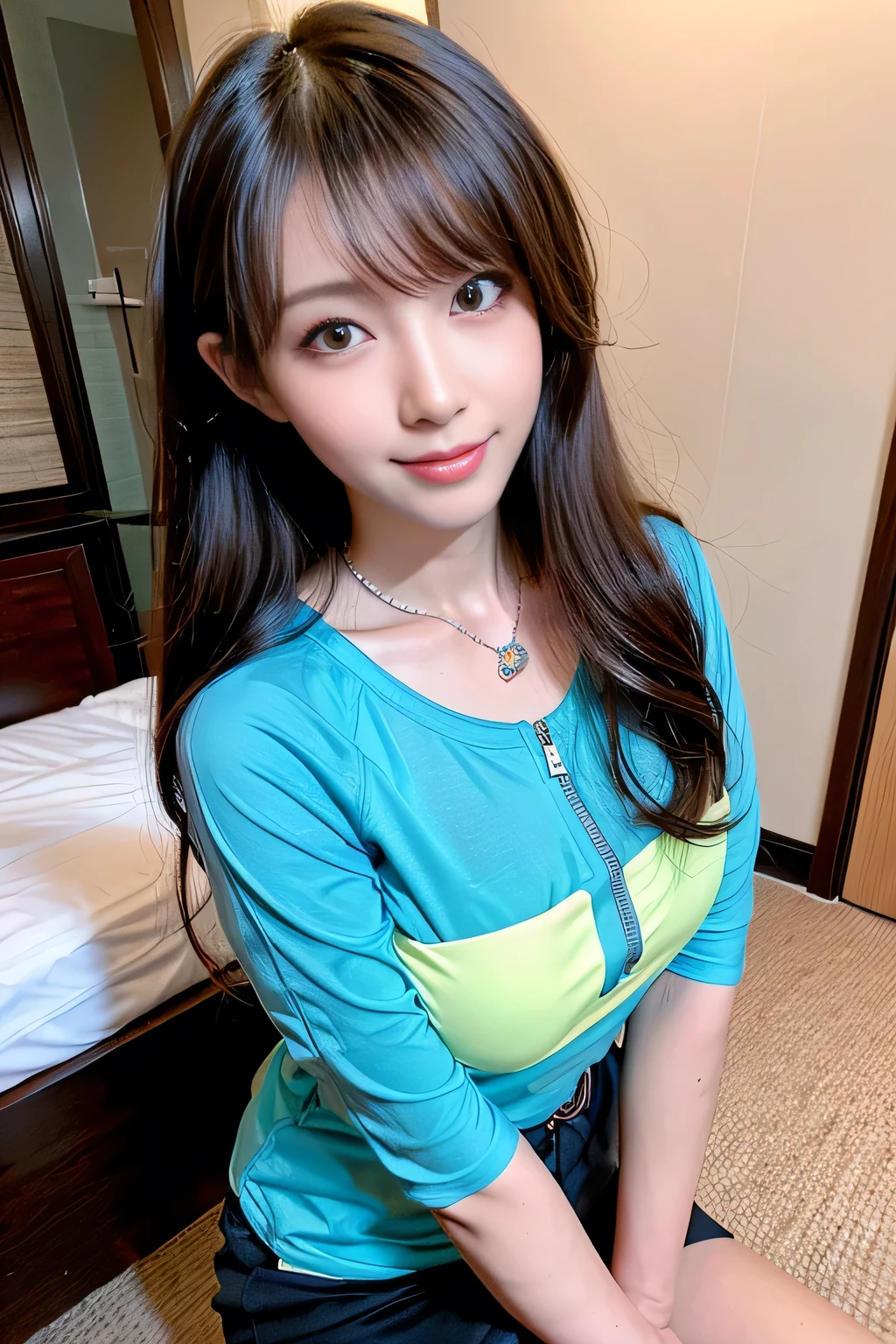 ((Full Body Angle))、overhead shot,((highest quality, 8K, masterpiece: 1.3)), concentrated: 1.2, Cute girl 1,Nipples erect、 Perfect beauty: 1.4,Cut and sewn T-shirt Raglan sleeve summer short sleeve T-shirt.Shorts: 1.2,Long sleeve、Randall Color、comics&Text Graphics、Black ruffle-trimmed drawstring zip blouse,1.1, Highly detailed face and skin textures, Fine grain, double eyelid, whitening skin, ,highest quality,Ultra-high resolution,you,1 girl,alone,_Shiny_skin,Iris,necklace,((Brown_length_Wavy_hair)),(lips)),eyelash,Front hair,deal with,compensate,Shiny,pore,skin texture,Large Breasts、smiling face、Front hair、