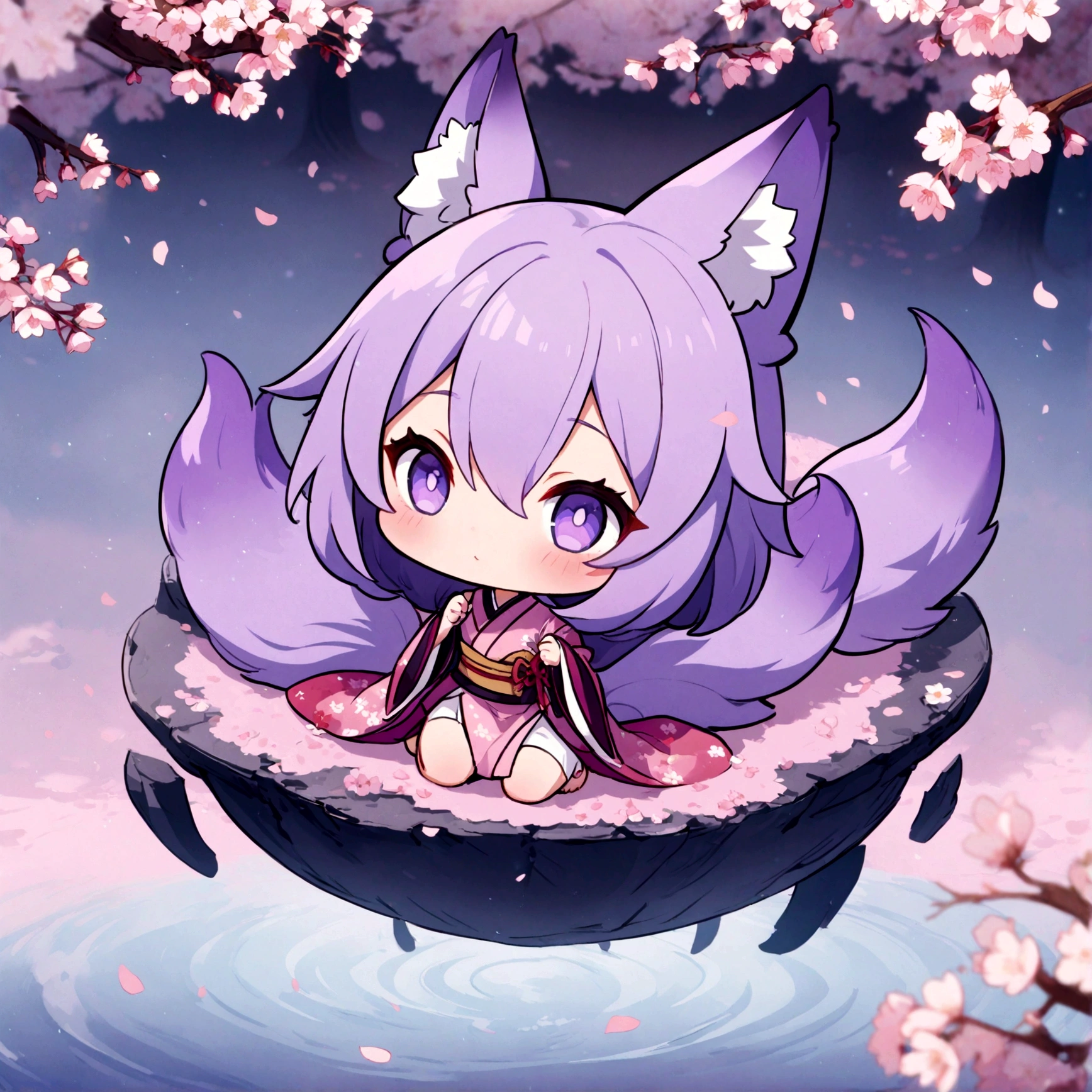 a cute chibi female fox girl with purple hair and multiple purple fox tails in a sakura kimono surrounded by cherry blossoms