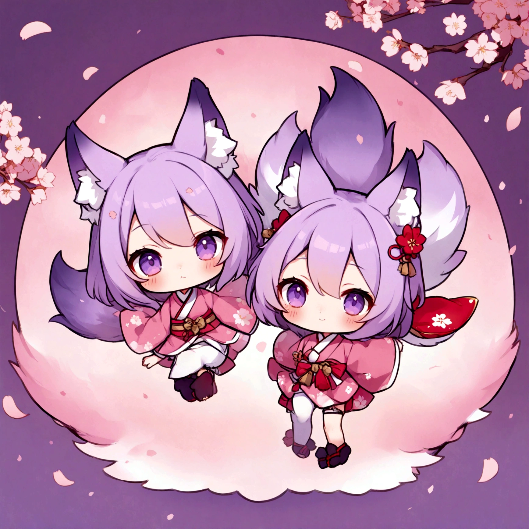 a cute chibi female fox girl with purple hair and multiple purple fox tails in a sakura kimono surrounded by cherry blossoms