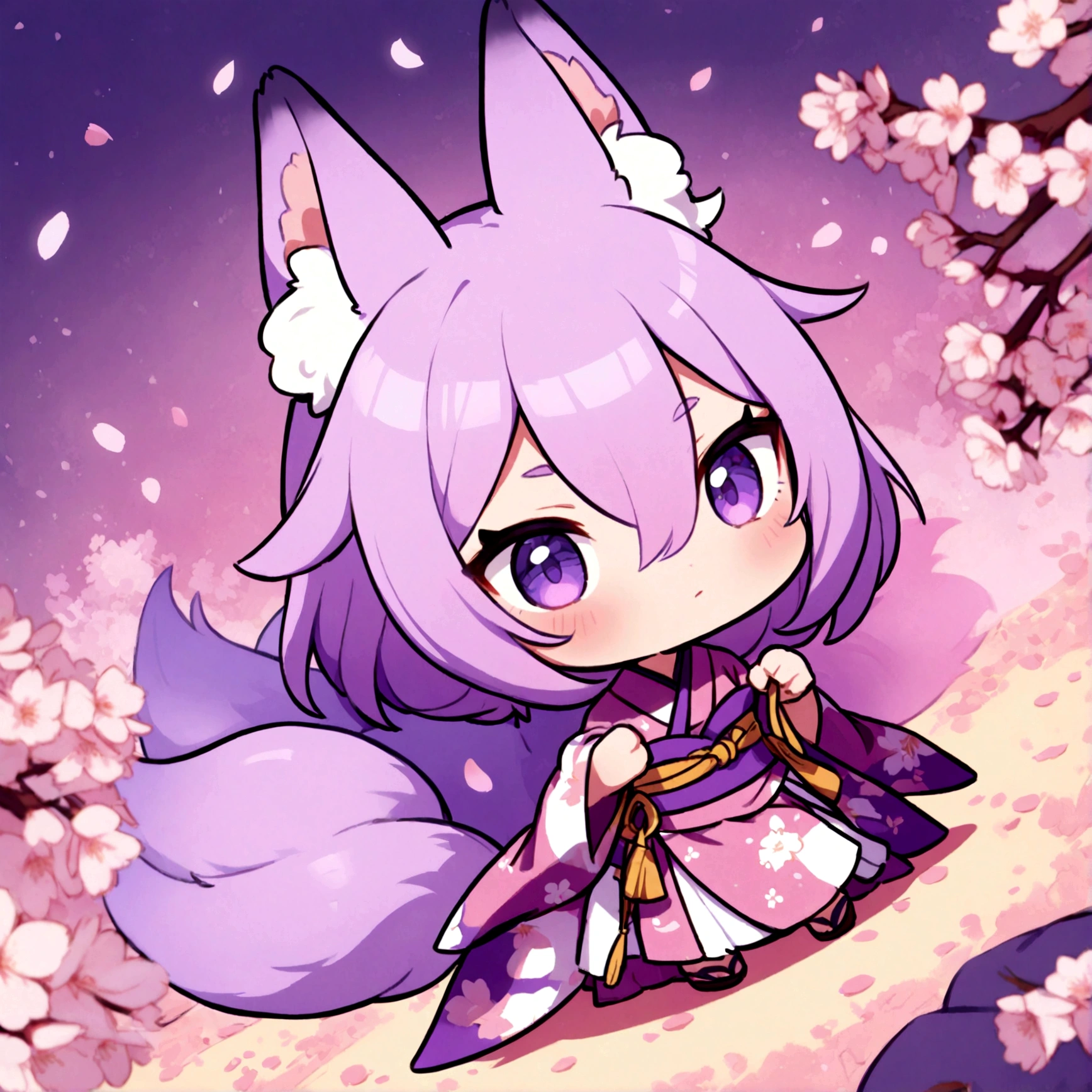 a cute chibi female fox girl with purple hair and multiple purple fox tails in a sakura kimono surrounded by cherry blossoms